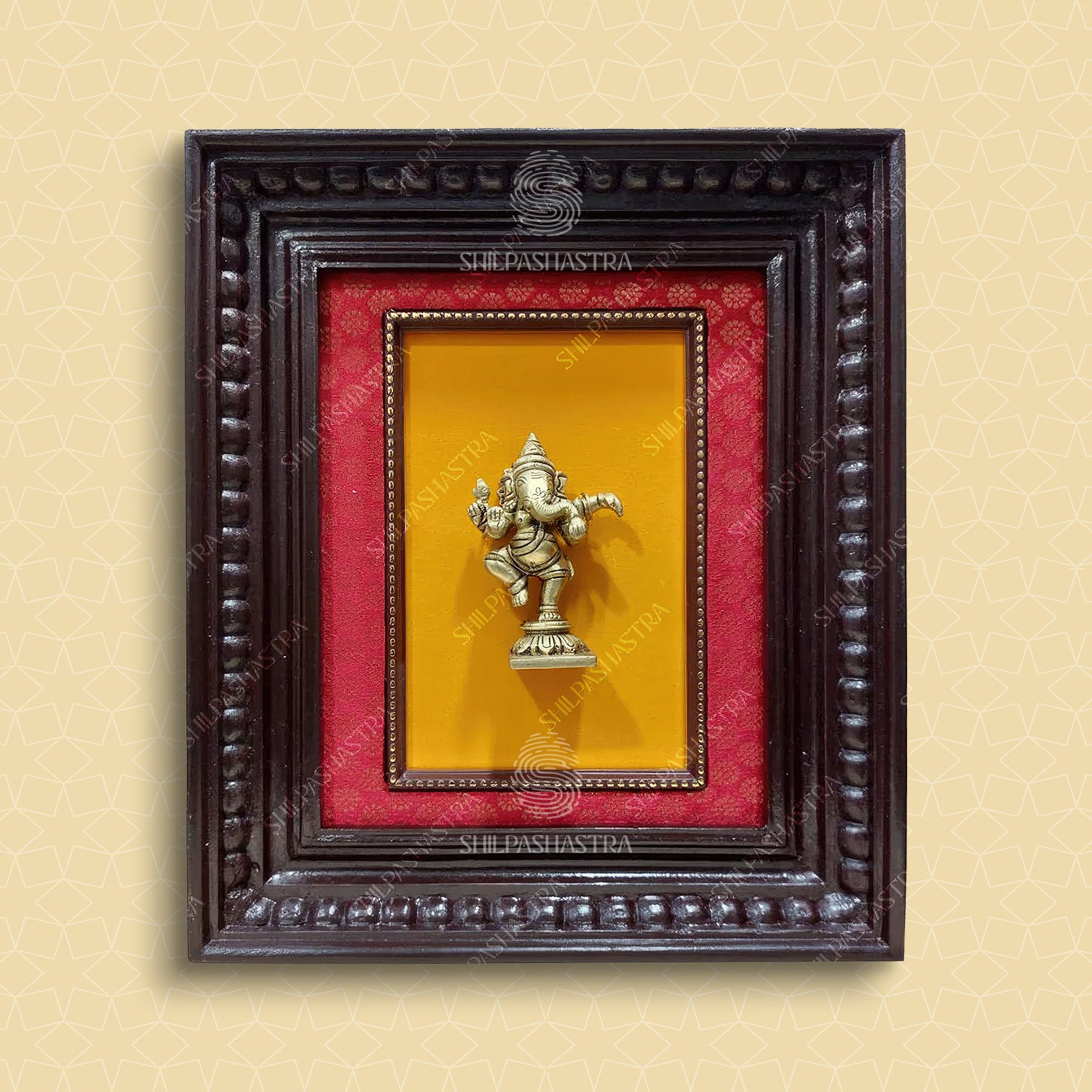 Large Brass Dancing Ganesha in Manipuri Style Teakwood Heritage Frame Wall Decor for Home & Pooja (Size 10 In x 8 In)