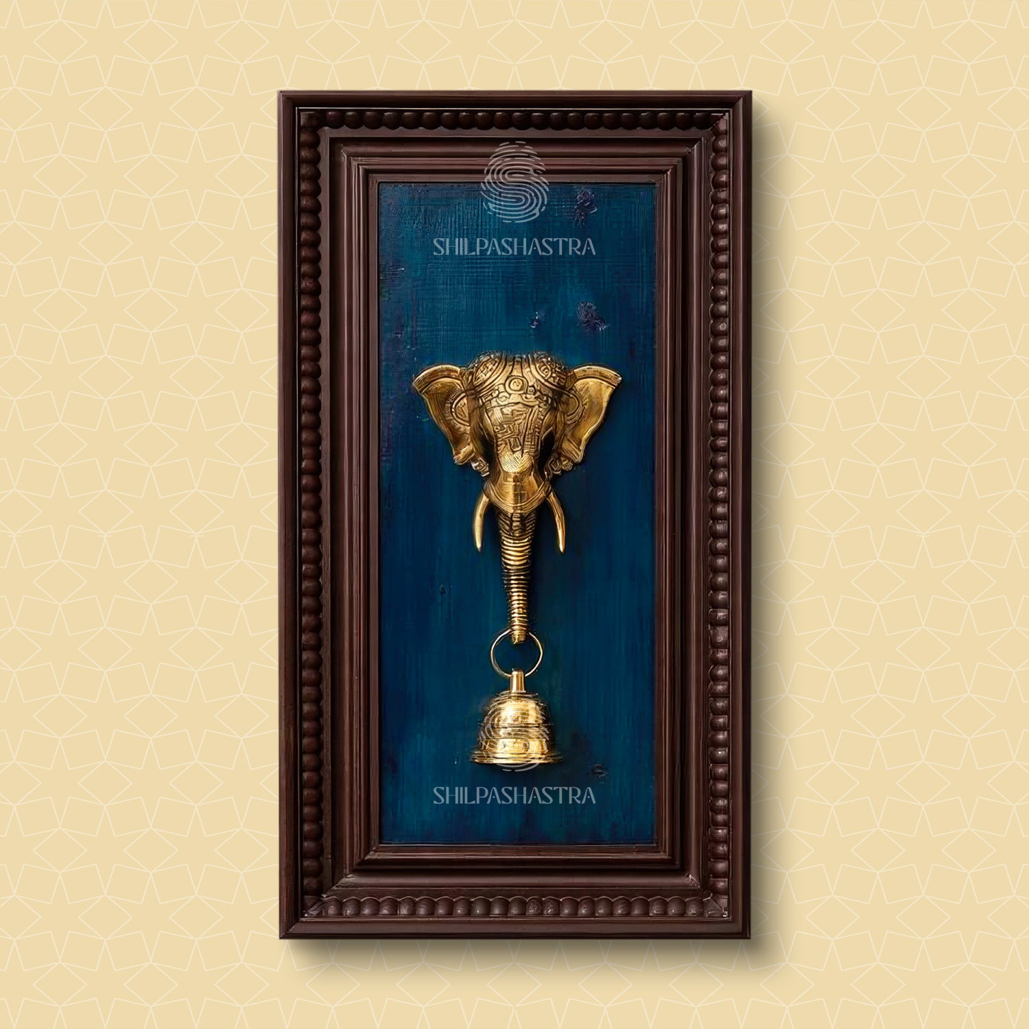 Brass Elephant Face Wall Frame with Bell – Manipuri Heritage Frame (20x8 Inch)