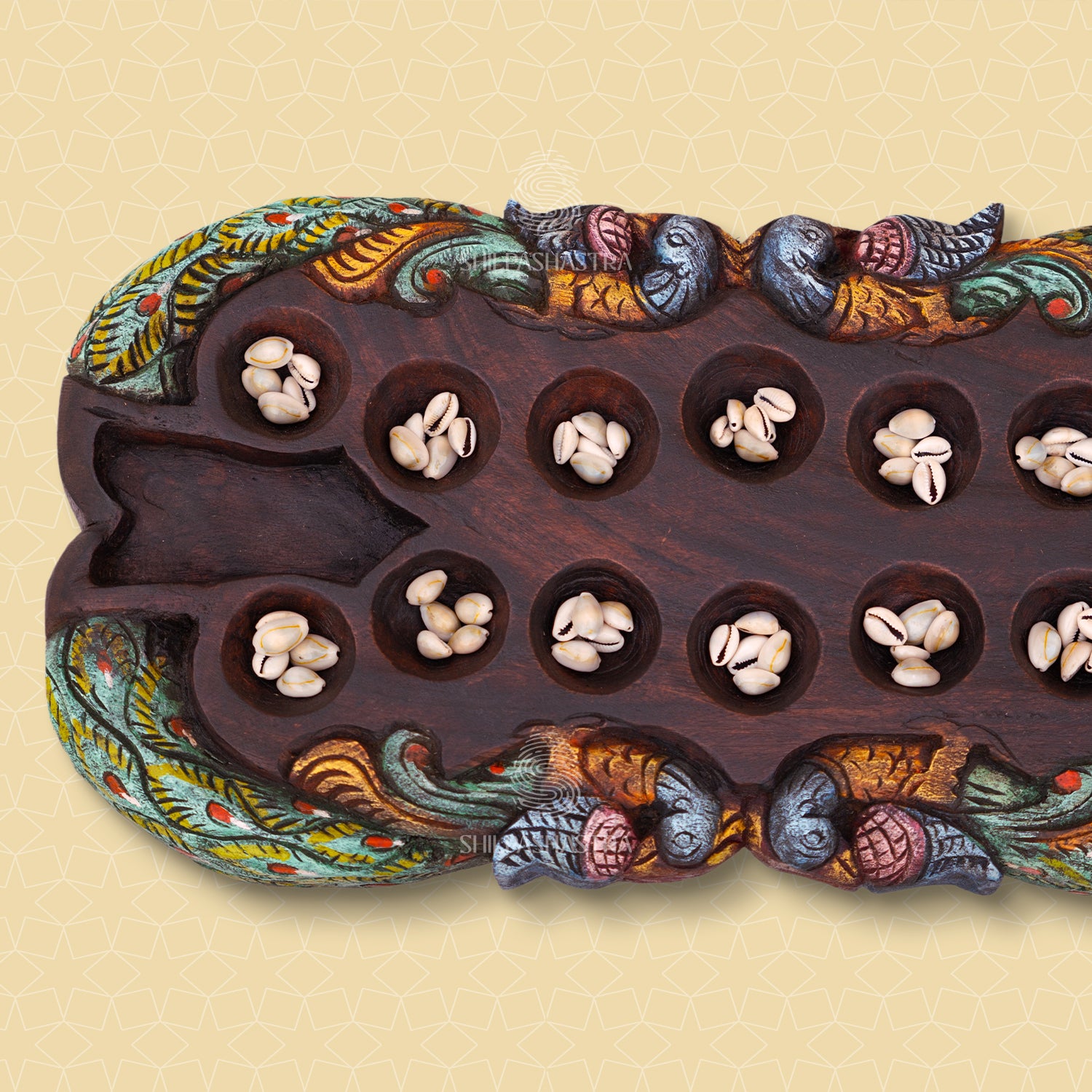 Hand Carved Mahogany Pallanguli Board with Peacock Motif – Traditional Mancala Game