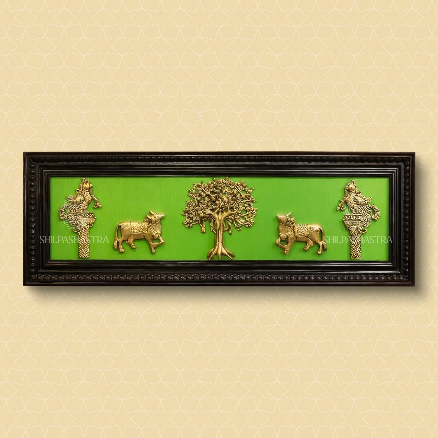 Kalpavriksham Brass Idol Frame with Kamadhenu & Annam – Manipuri Heritage Wall Frame (12 x 36 Inches)