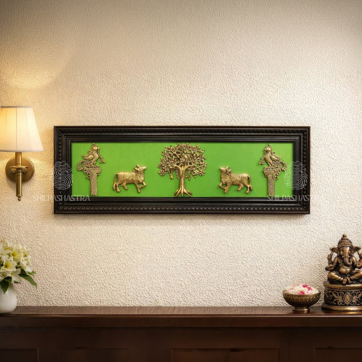 Kalpavriksham Brass Idol Frame with Kamadhenu & Annam – Manipuri Heritage Wall Frame (12 x 36 Inches)
