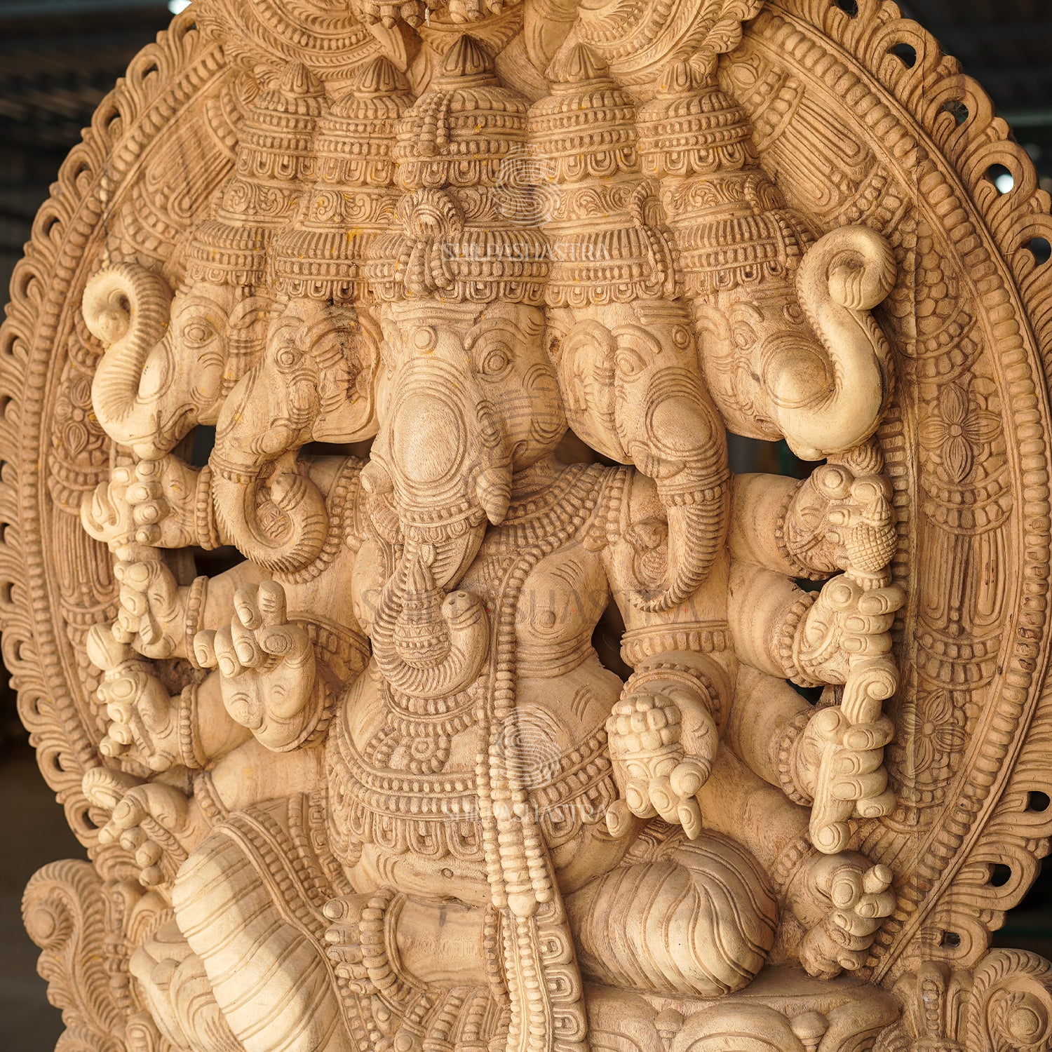Monumental Panchmukhi Ganesha with Lakshmi & Saraswati Base – Hand-Carved Vaagai Wood Sculpture (76 Inches)