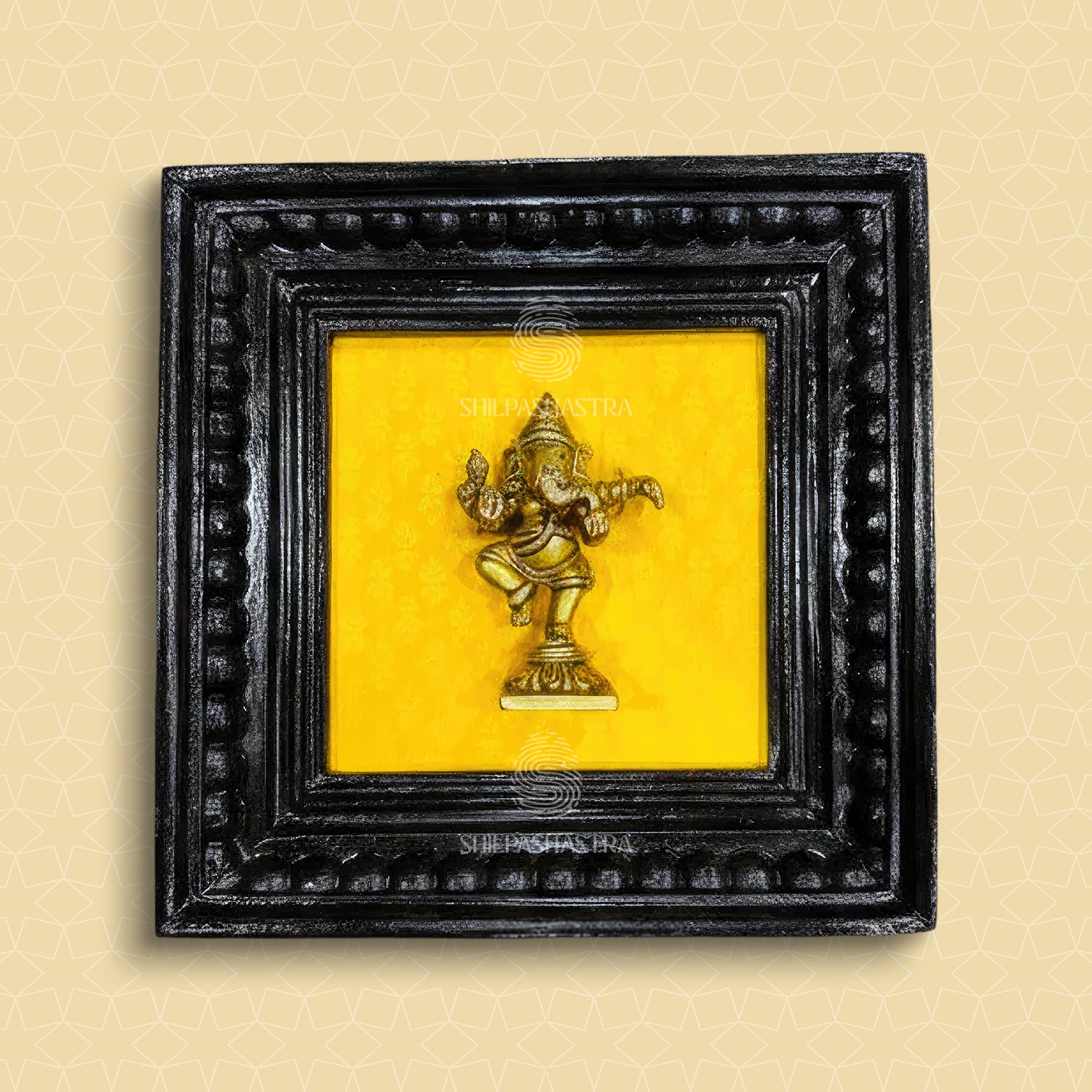 Brass Dancing Ganesha Idol in Premium Teakwood Frame Wall Decor for Home & Pooja Room (Size 6 In x 6 In)