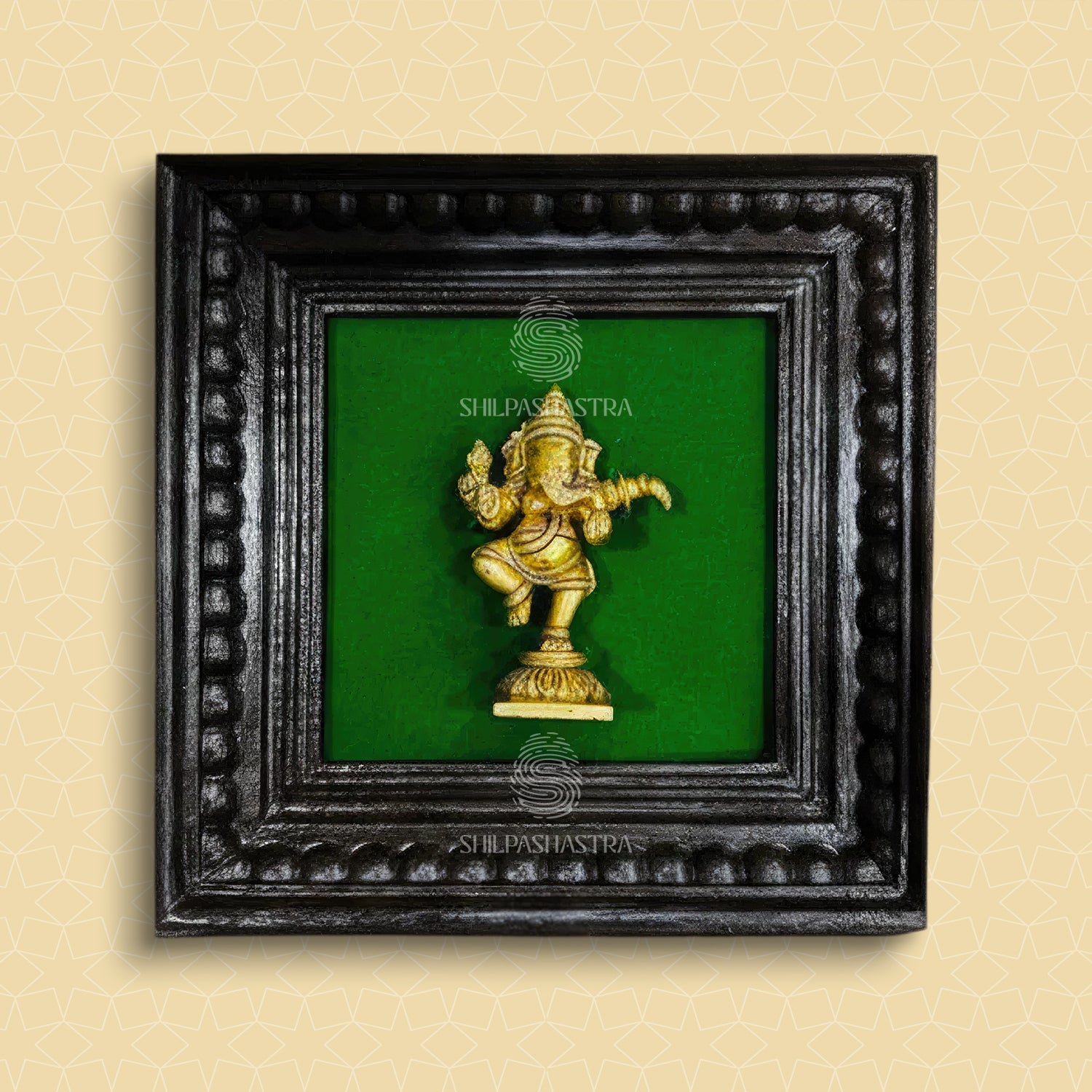 Brass Dancing Ganesha Idol in Premium Teakwood Frame Wall Decor for Home & Pooja Room (Size 6 In x 6 In)