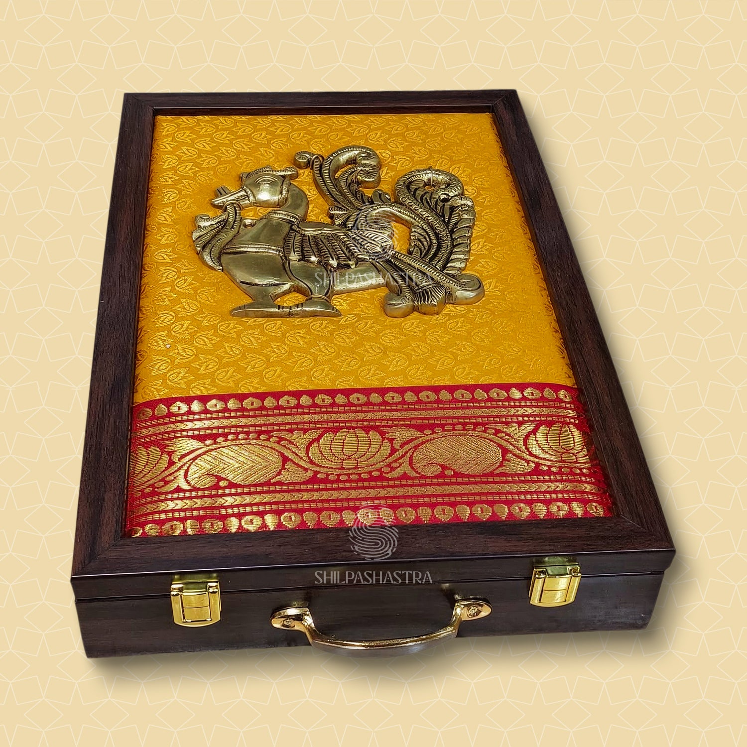 Premium Brass Idol Wedding Saree Box with Annam – Mustard Brocade with Red Zari Border