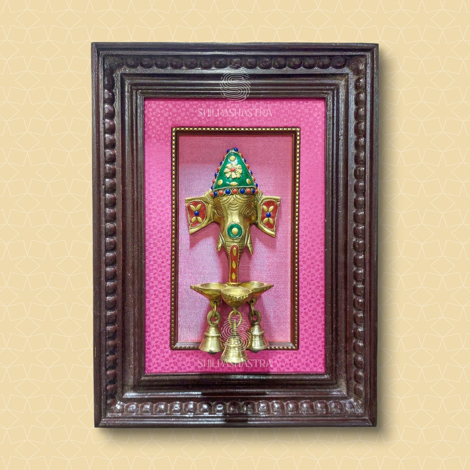 Gemstone Ganesha Brass Idol Frame with Bell – Manipuri Heritage Wall Frame (12x8 Inch)