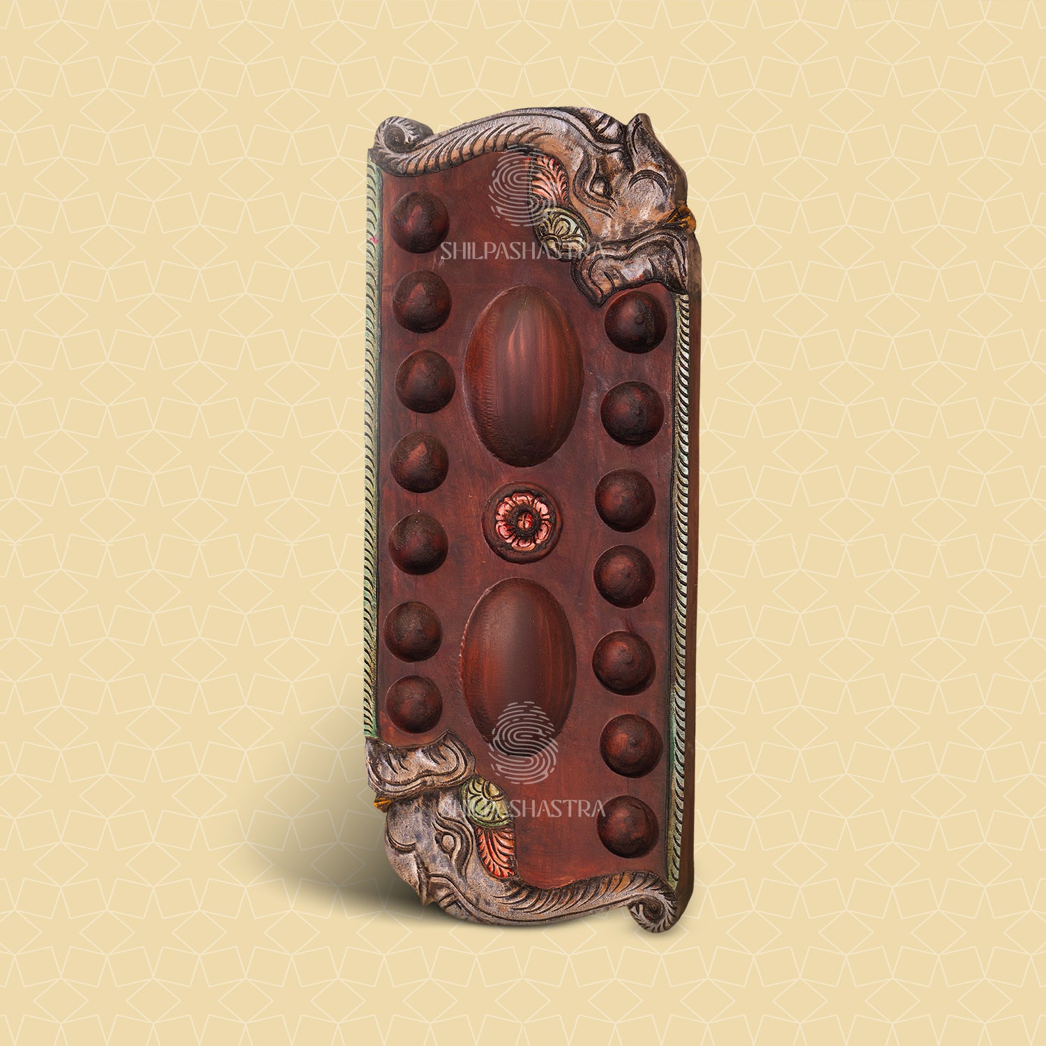 Hand Carved Mahogany Pallanguli Board with Elephant Motif & Floral Border – Traditional Mancala Game