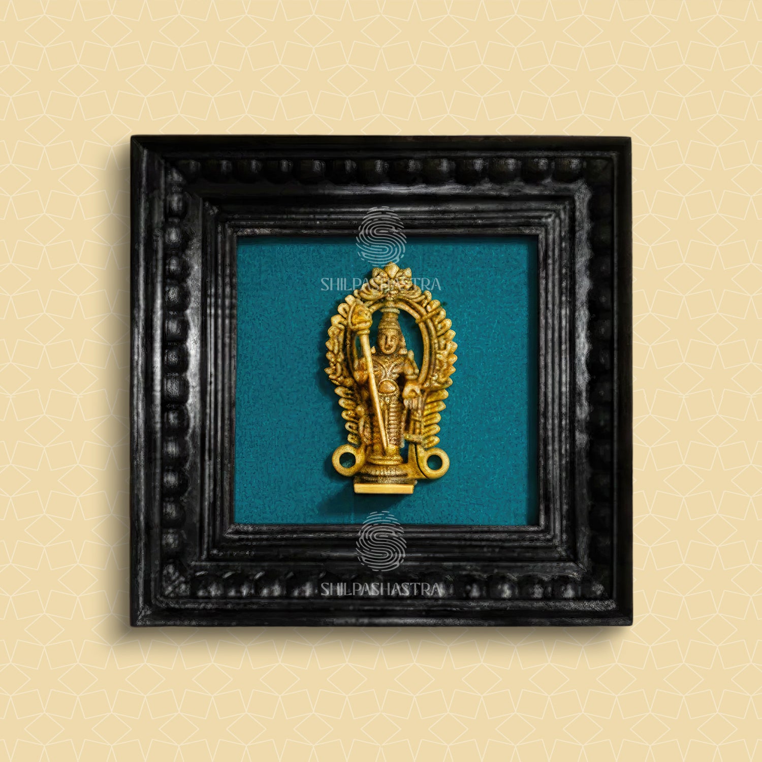 Brass Vel Murugan Idol in Premium Teakwood Frame Wall Decor for Home & Pooja Room (Size 6 In x 6 In)