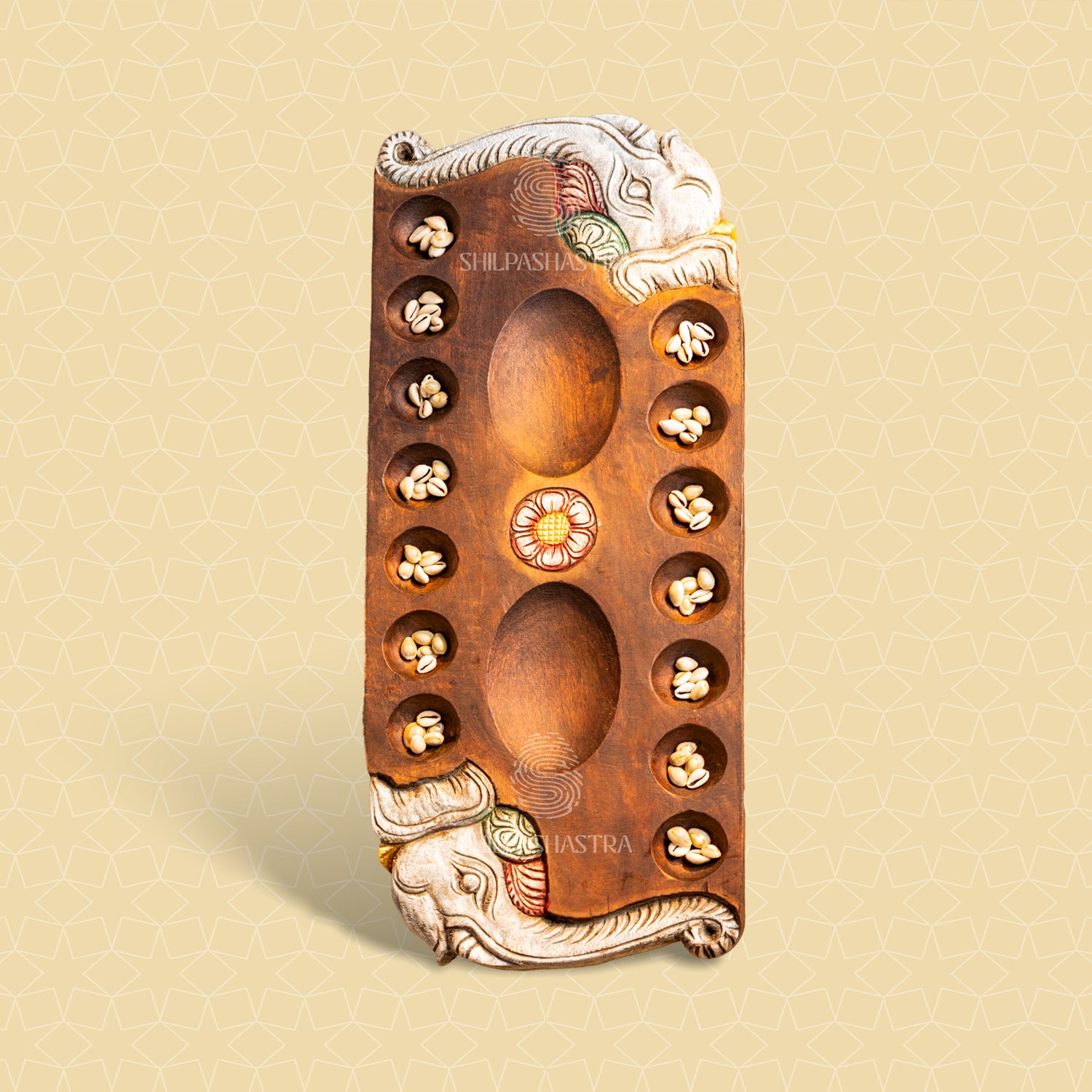 Hand Carved Mahogany Pallanguli Board with Elephant Motif – Traditional Mancala Game