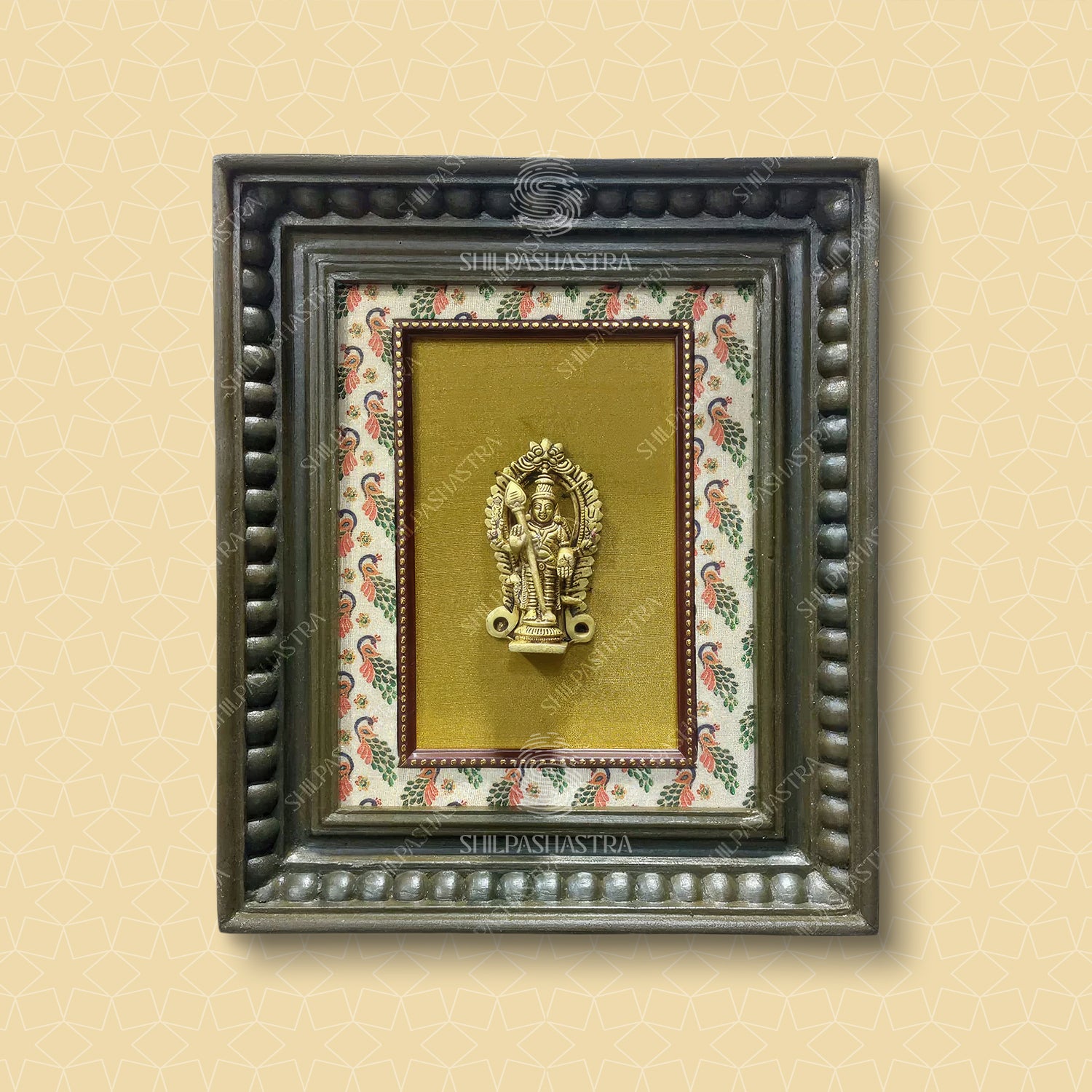 Brass Vel Murugan in Manipuri Style Teakwood Heritage Frame Wall Decor for Home & Pooja (Size 10 In x 8 In)