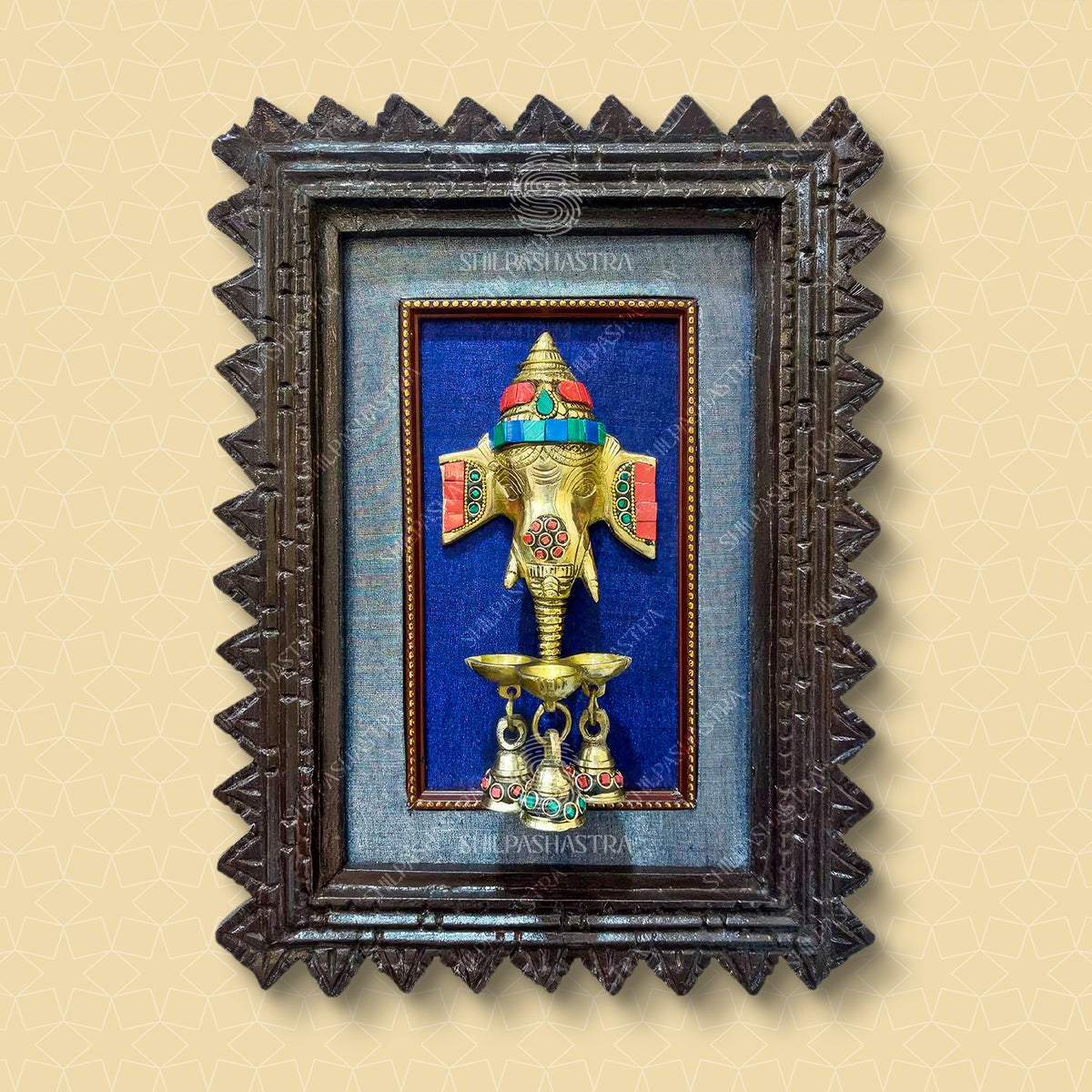 Gemstone Ganesha with Lamp and Bell In Chettinadu Heritage Frame Wall Decor for Home & Pooja (Size 12 In x 8 In)
