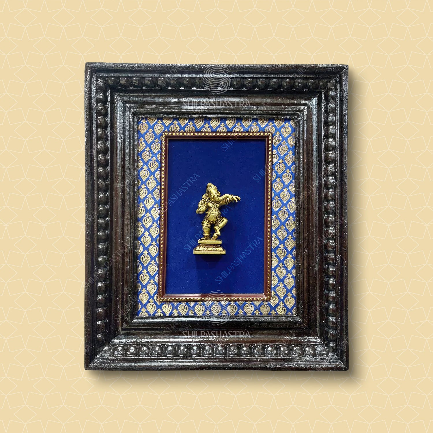 Small Brass Dancing Ganesha in Manipuri Style Teakwood Heritage Frame Wall Decor for Home & Pooja (Size 10 In x 8 In)