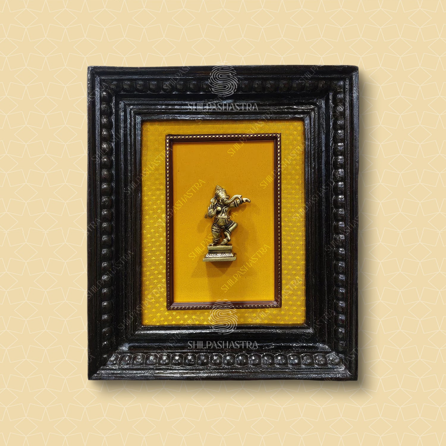 Small Brass Dancing Ganesha in Manipuri Style Teakwood Heritage Frame Wall Decor for Home & Pooja (Size 10 In x 8 In)