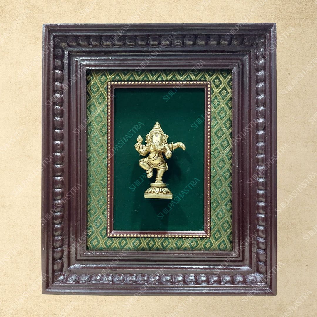 Large Brass Dancing Ganesha in Manipuri Style Teakwood Heritage Frame Wall Decor for Home & Pooja (Size 10 In x 8 In)