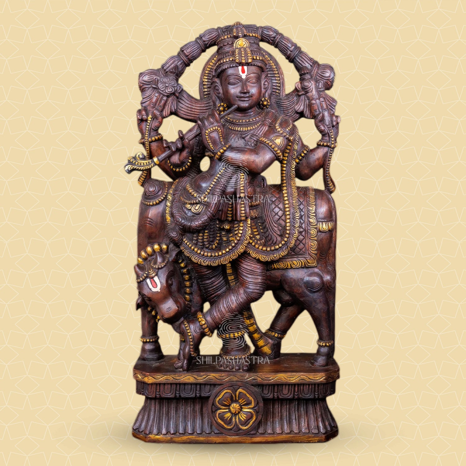 Handcrafted Wooden Krishna with Cow – Traditional South Indian Sculpture