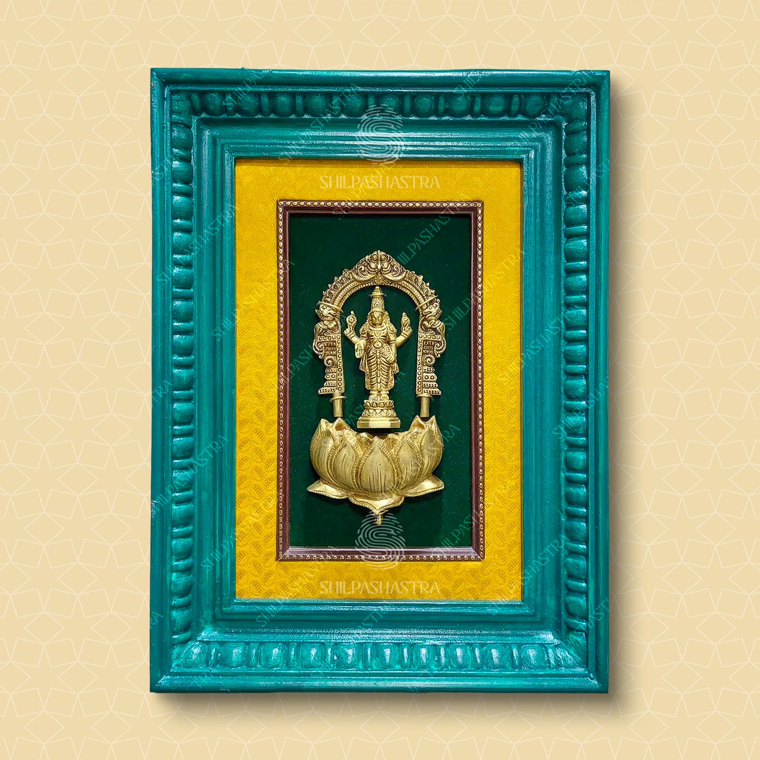 Perumal Brass Idol Frame with Prabhavali & Lotus – Vintage Manipuri Wall Frame (12x8 Inch)