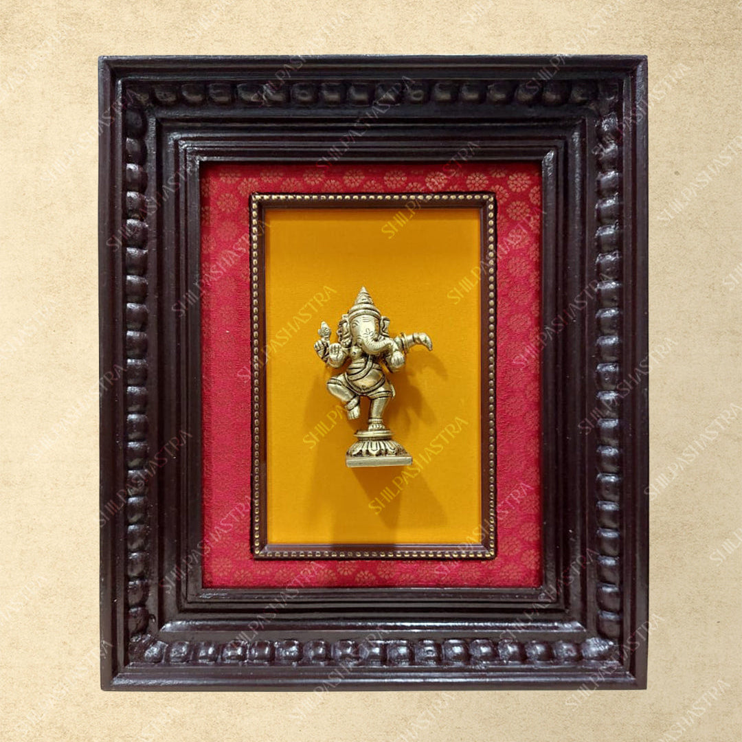 Large Brass Dancing Ganesha in Manipuri Style Teakwood Heritage Frame Wall Decor for Home & Pooja (Size 10 In x 8 In)