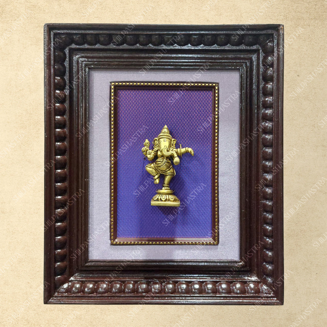 Large Brass Dancing Ganesha in Manipuri Style Teakwood Heritage Frame Wall Decor for Home & Pooja (Size 10 In x 8 In)