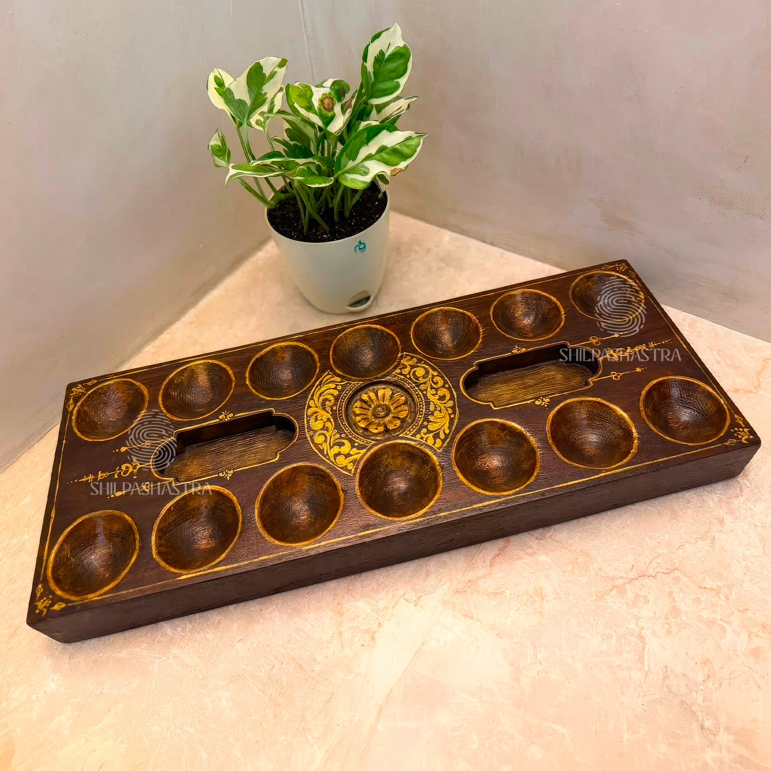 Handpainted Gold Floral Vaagai Wood Pallanguzhi (14 Pits) | Artisan Heritage Board Game