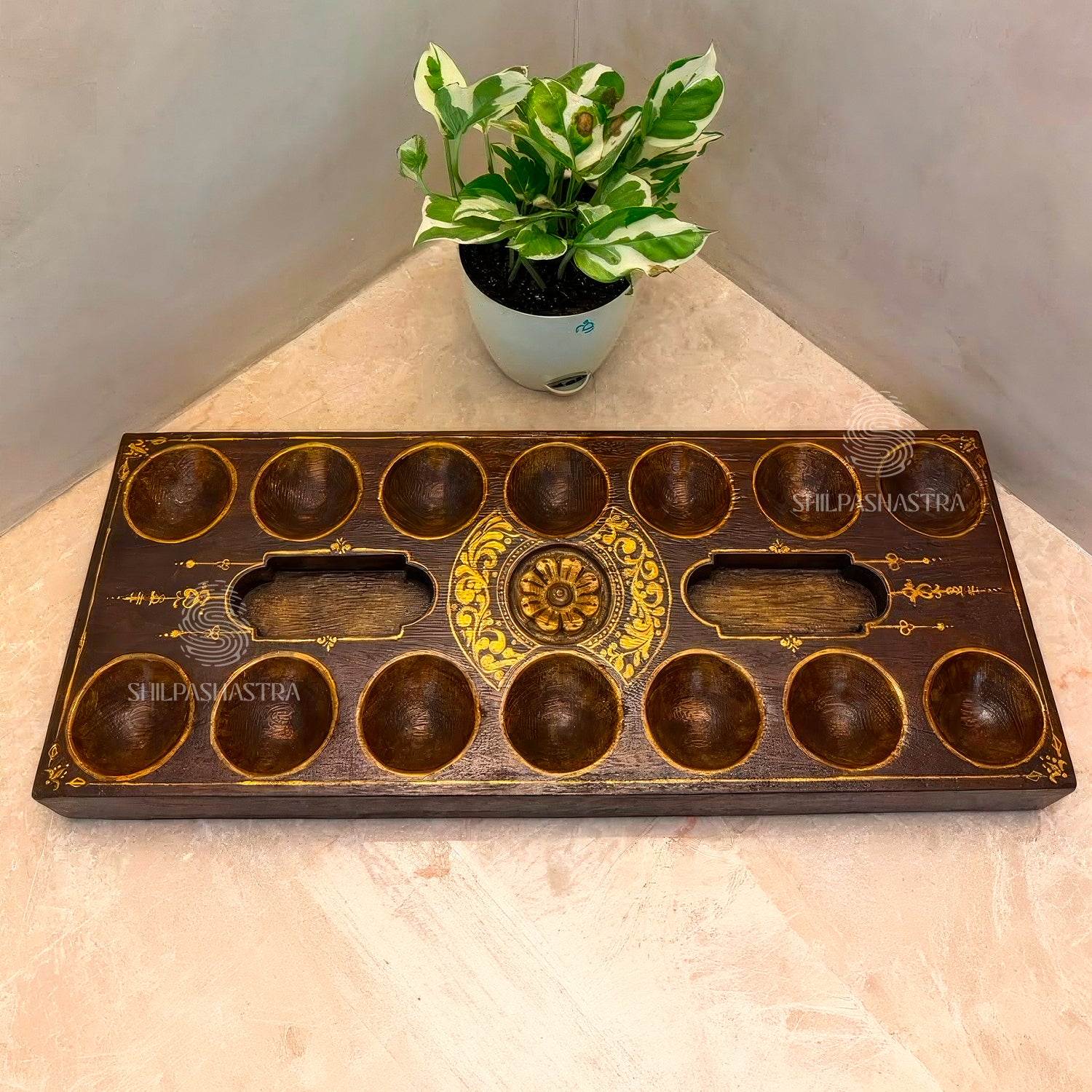 Handpainted Gold Floral Vaagai Wood Pallanguzhi (14 Pits) | Artisan Heritage Board Game