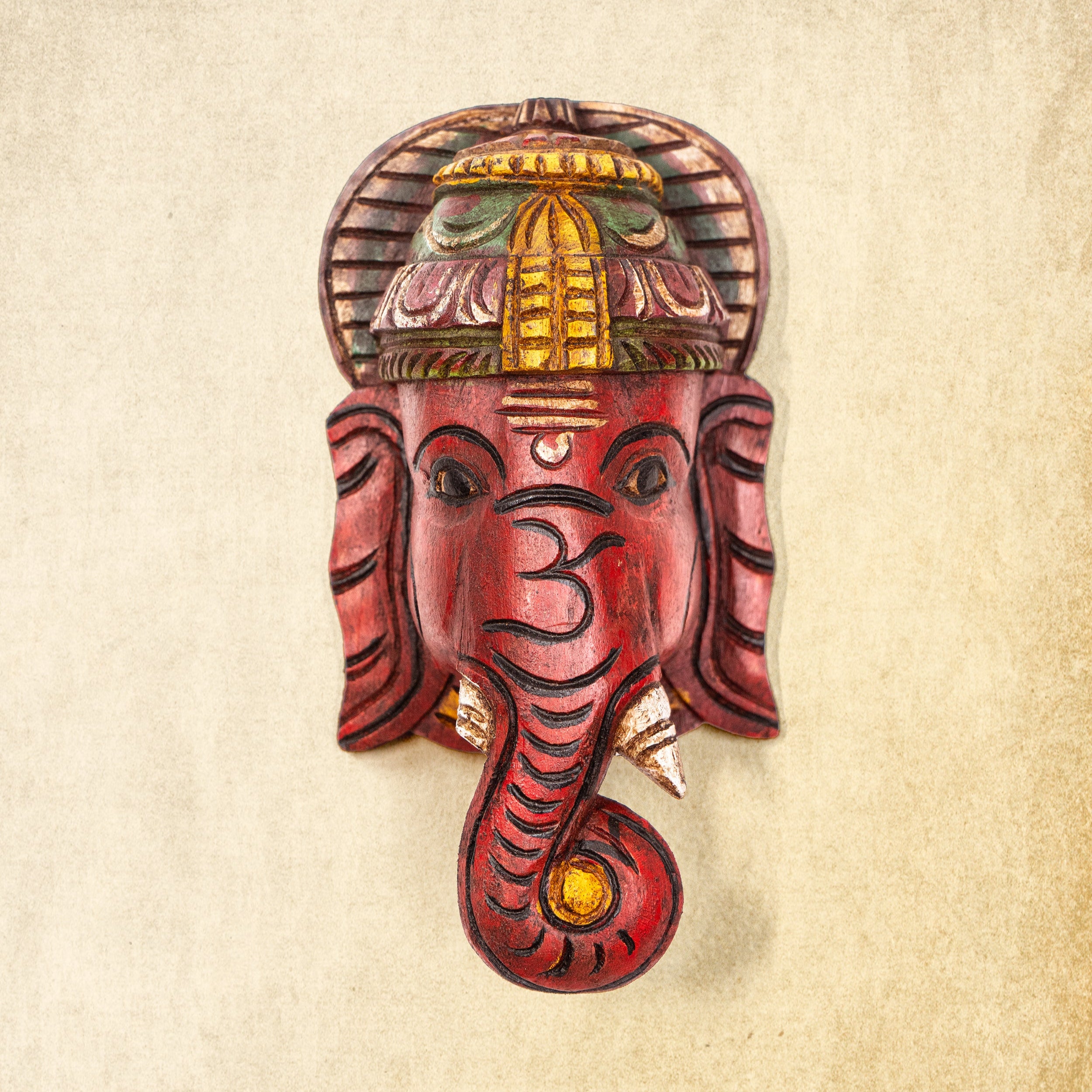 Pillaiyar - Hand Carved Wooden Wall Mask - Pink