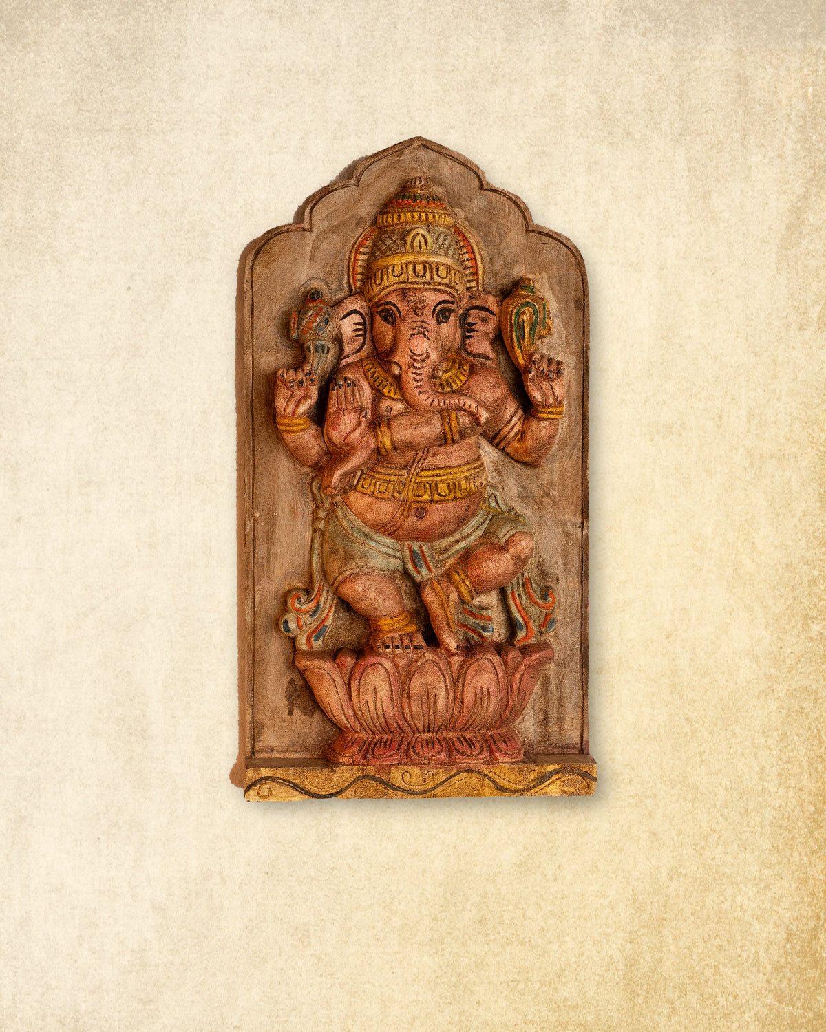 Vintage Colored Hand Carved Wooden Ganesha on Lotus Wall Panel for Home & Pooja Decor
