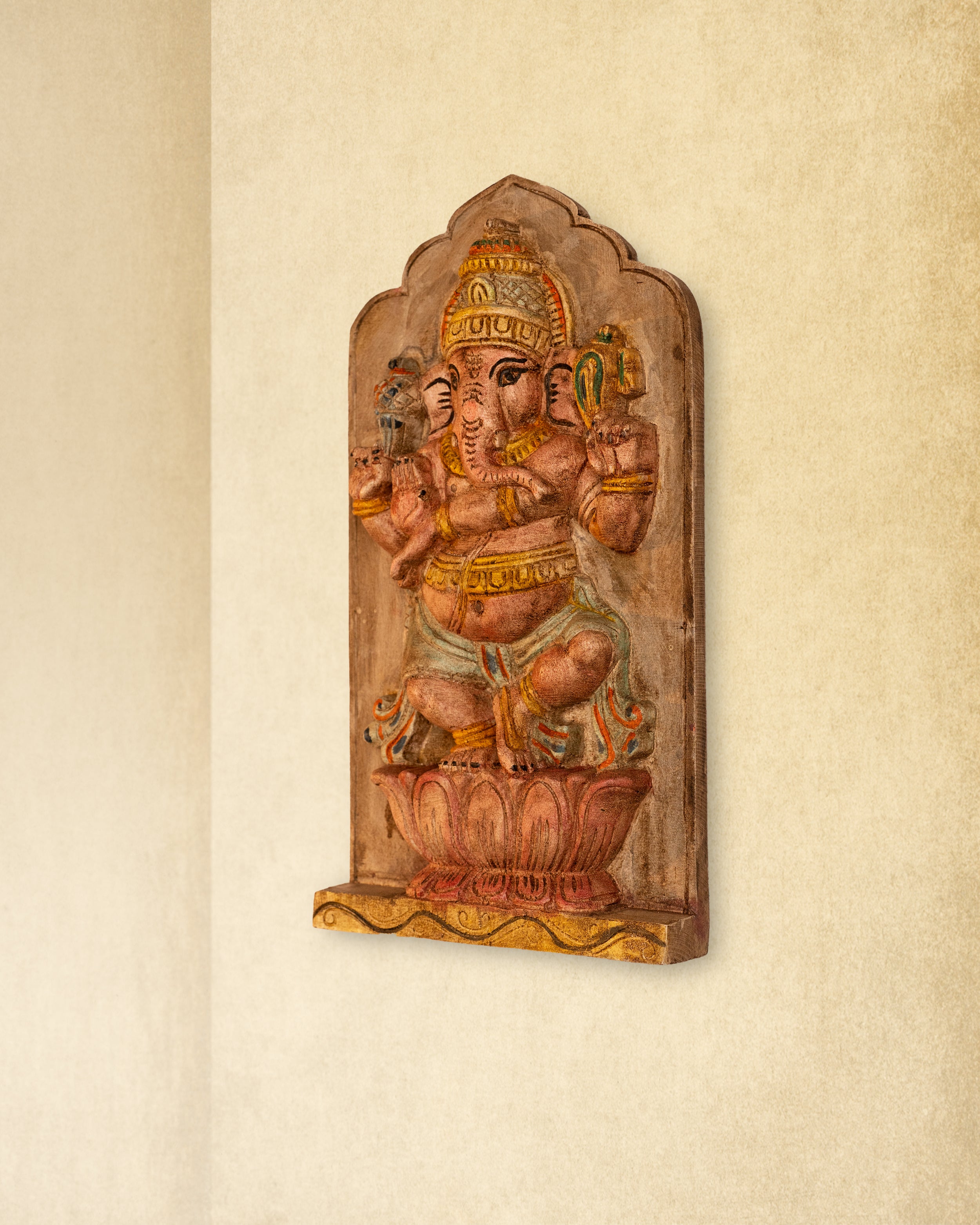 Vintage Colored Hand Carved Wooden Ganesha on Lotus Wall Panel for Home & Pooja Decor