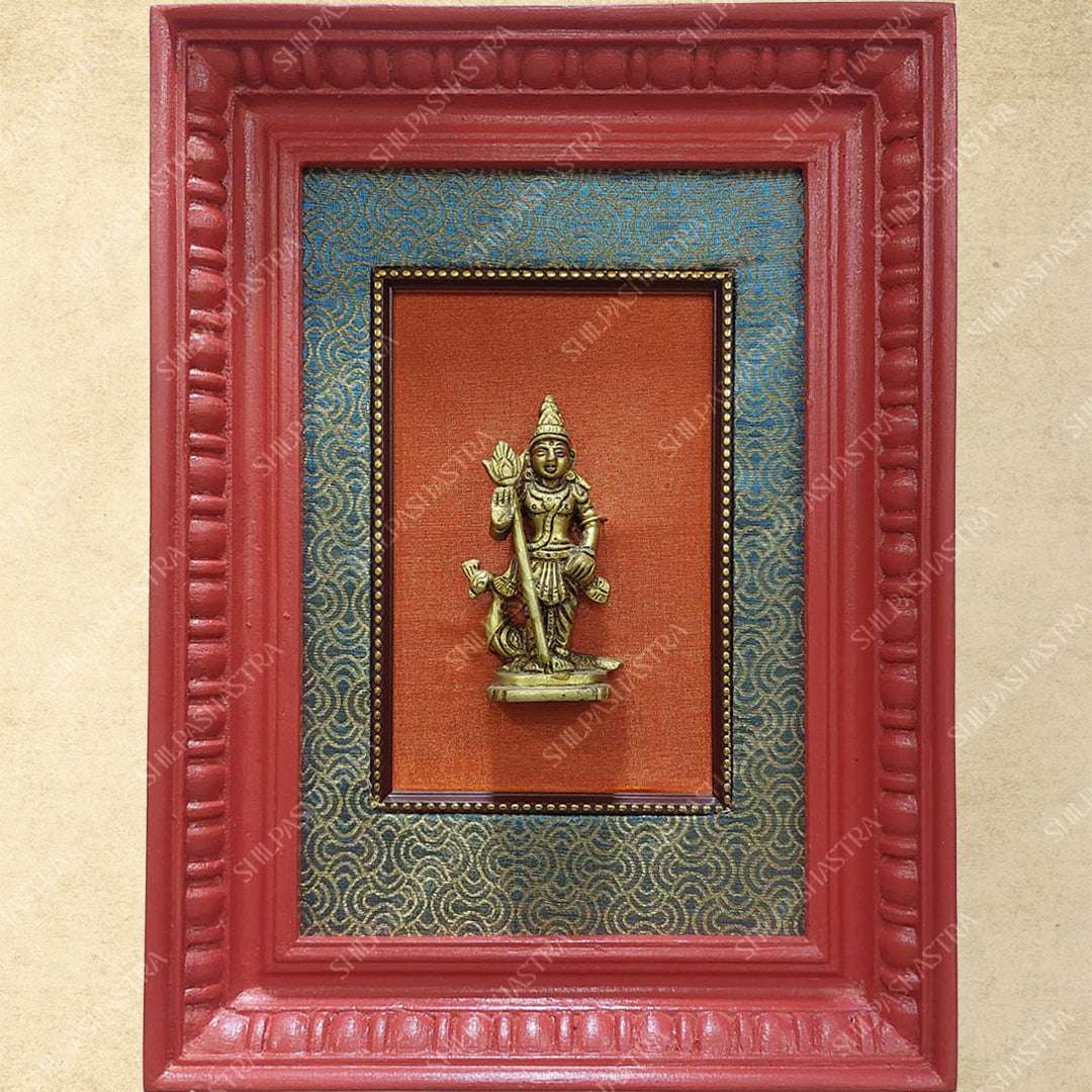 Manipuri Style Brass Murugan Idol in Vintage Wooden Frame Wall Decor for Home & Pooja Room (Size 12 in x 8 in)