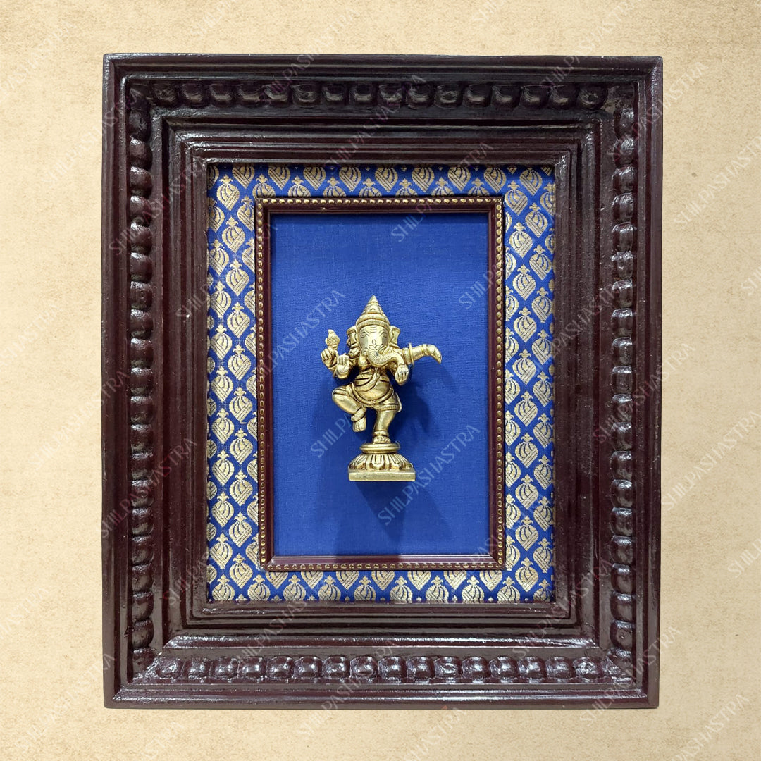 Large Brass Dancing Ganesha in Manipuri Style Teakwood Heritage Frame Wall Decor for Home & Pooja (Size 10 In x 8 In)
