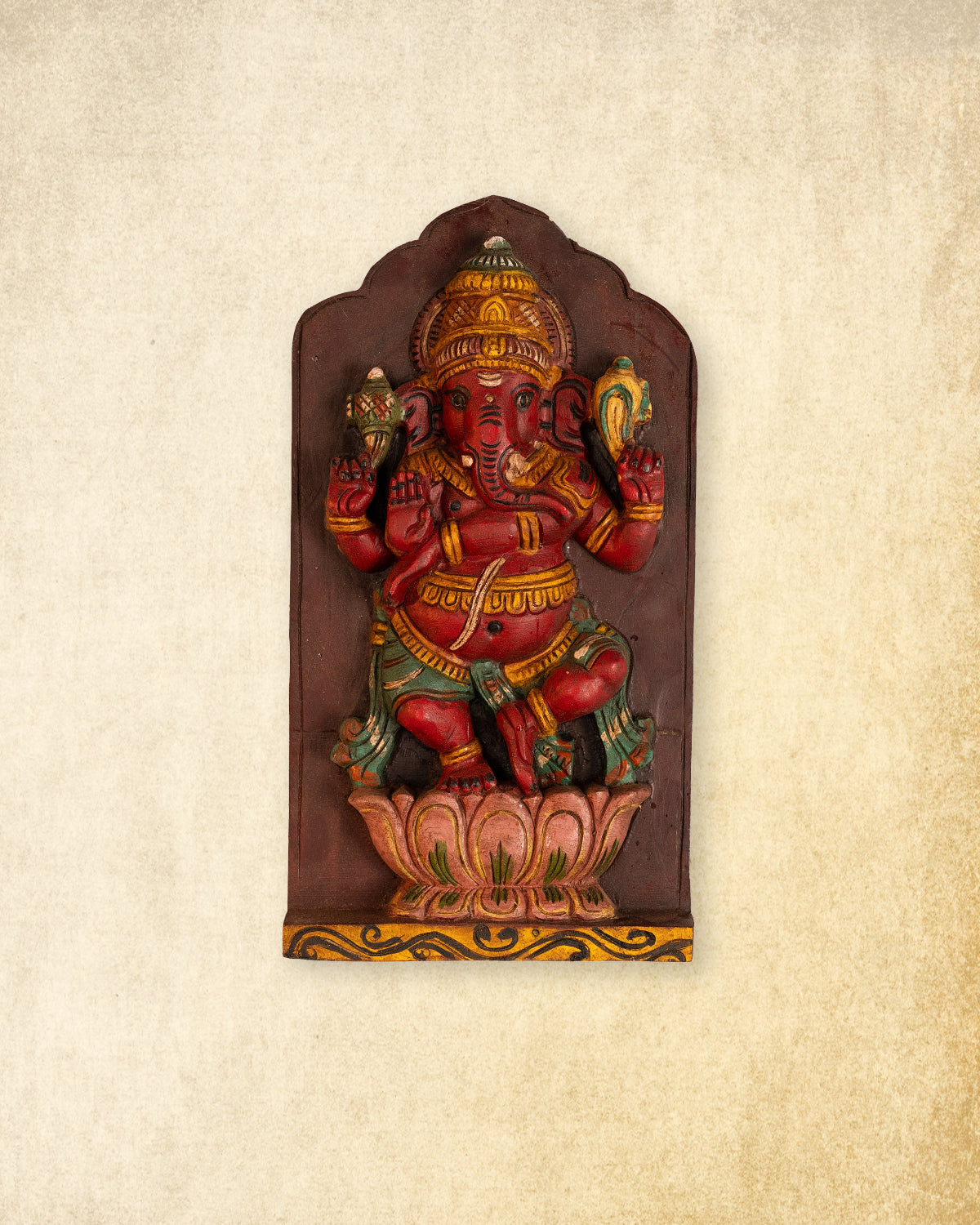 Colored Hand Carved Wooden Ganesha on Lotus Wall Panel for Home & Pooja Decor