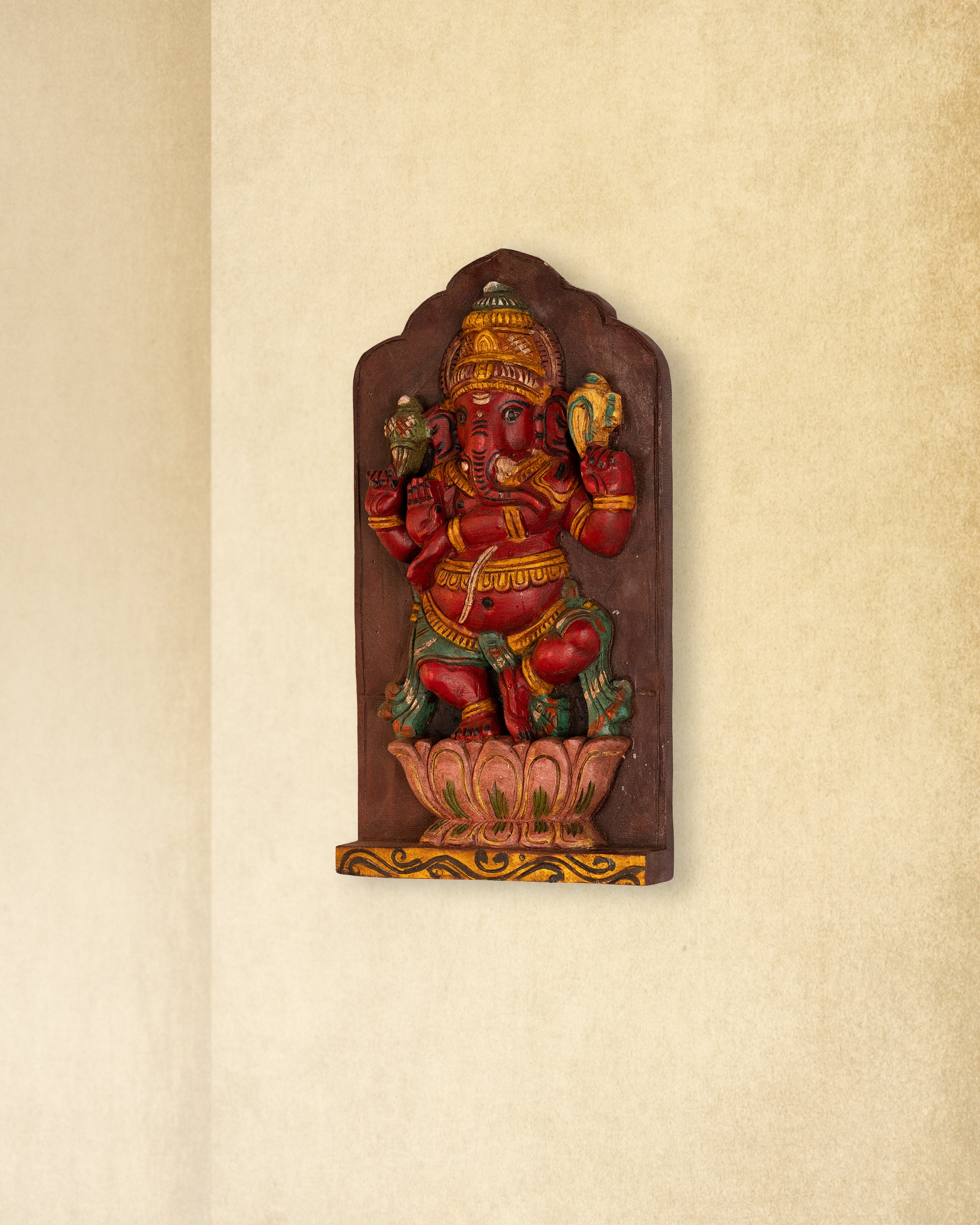 Colored Hand Carved Wooden Ganesha on Lotus Wall Panel for Home & Pooja Decor