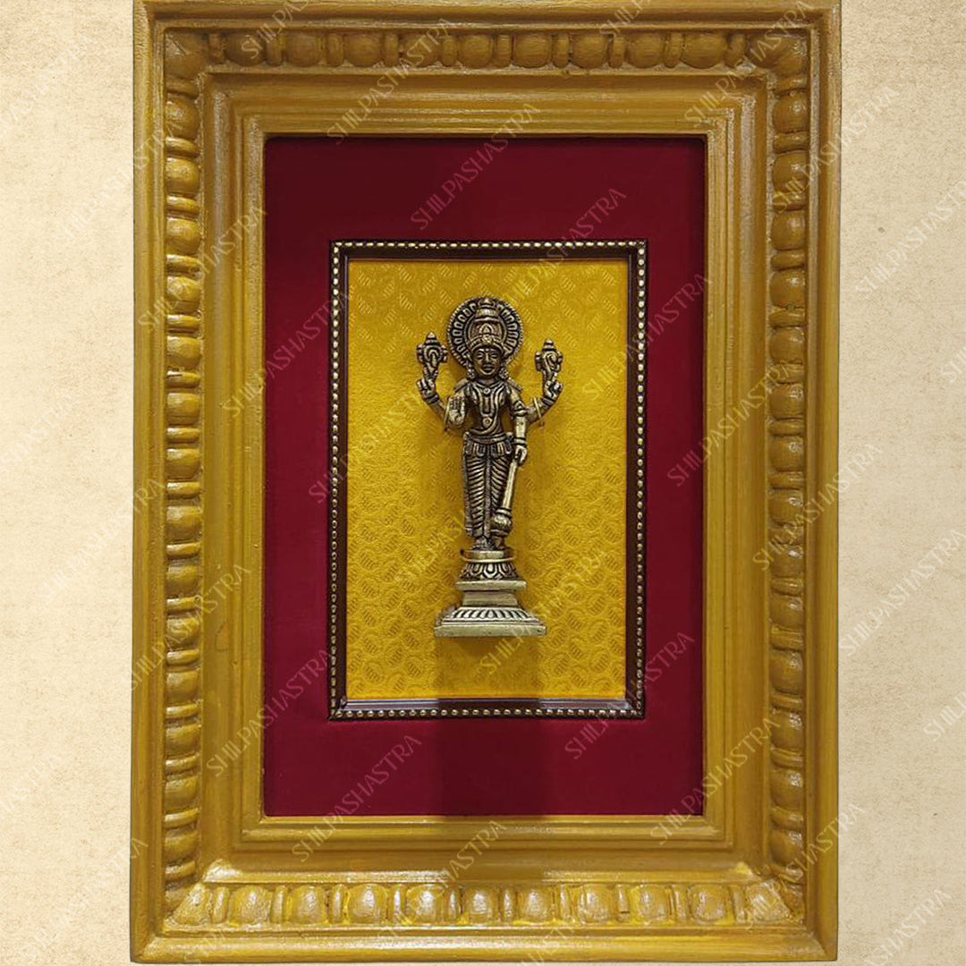 Brass Vishnu Idol in Manipuri Style Teakwood Vintage Frame Wall Decor for Home & Pooja (Size 12 In x 8 In)