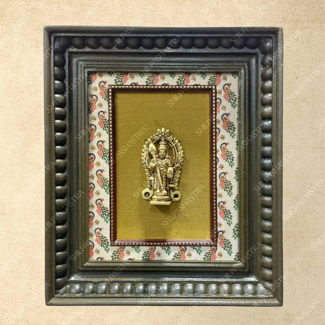 Brass Vel Murugan in Manipuri Style Teakwood Heritage Frame Wall Decor for Home & Pooja (Size 10 In x 8 In)
