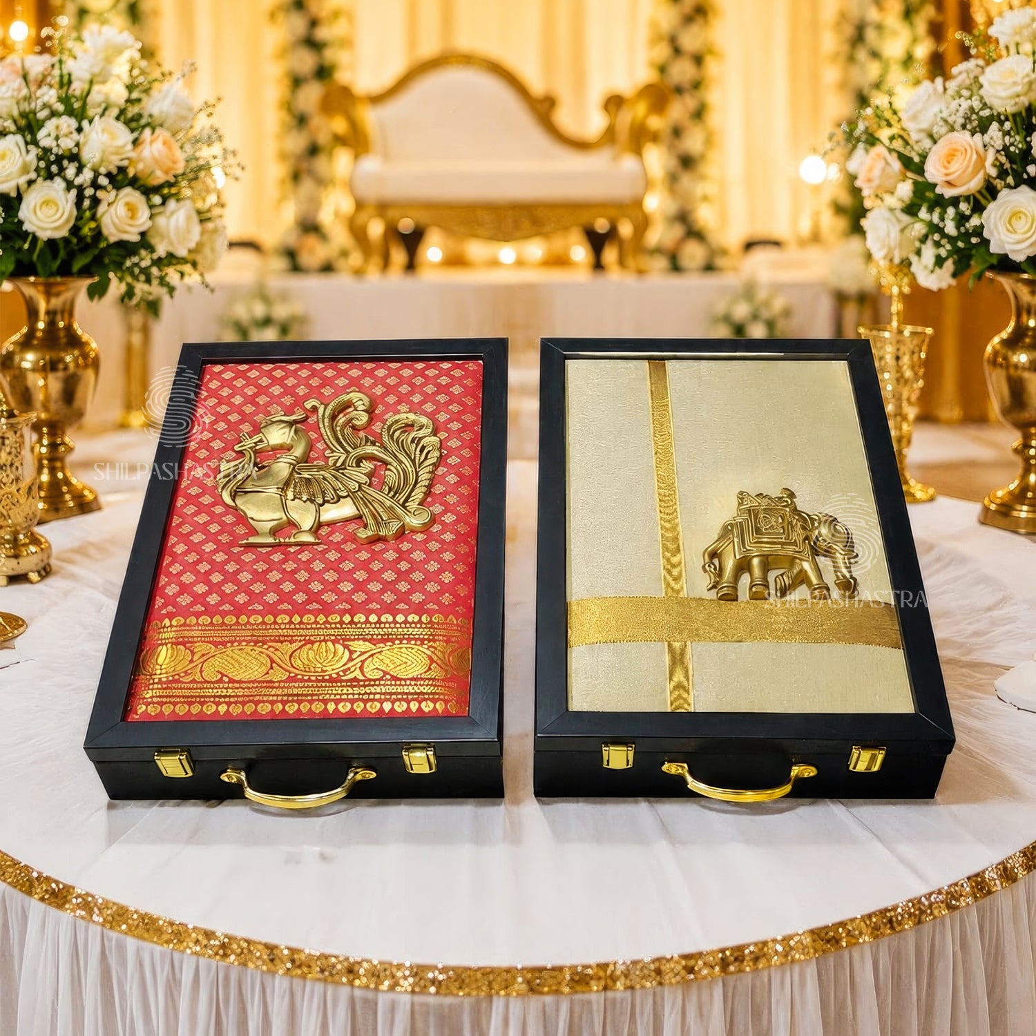 Red Brass Annam Saree & Ambari Veshti Box Combo