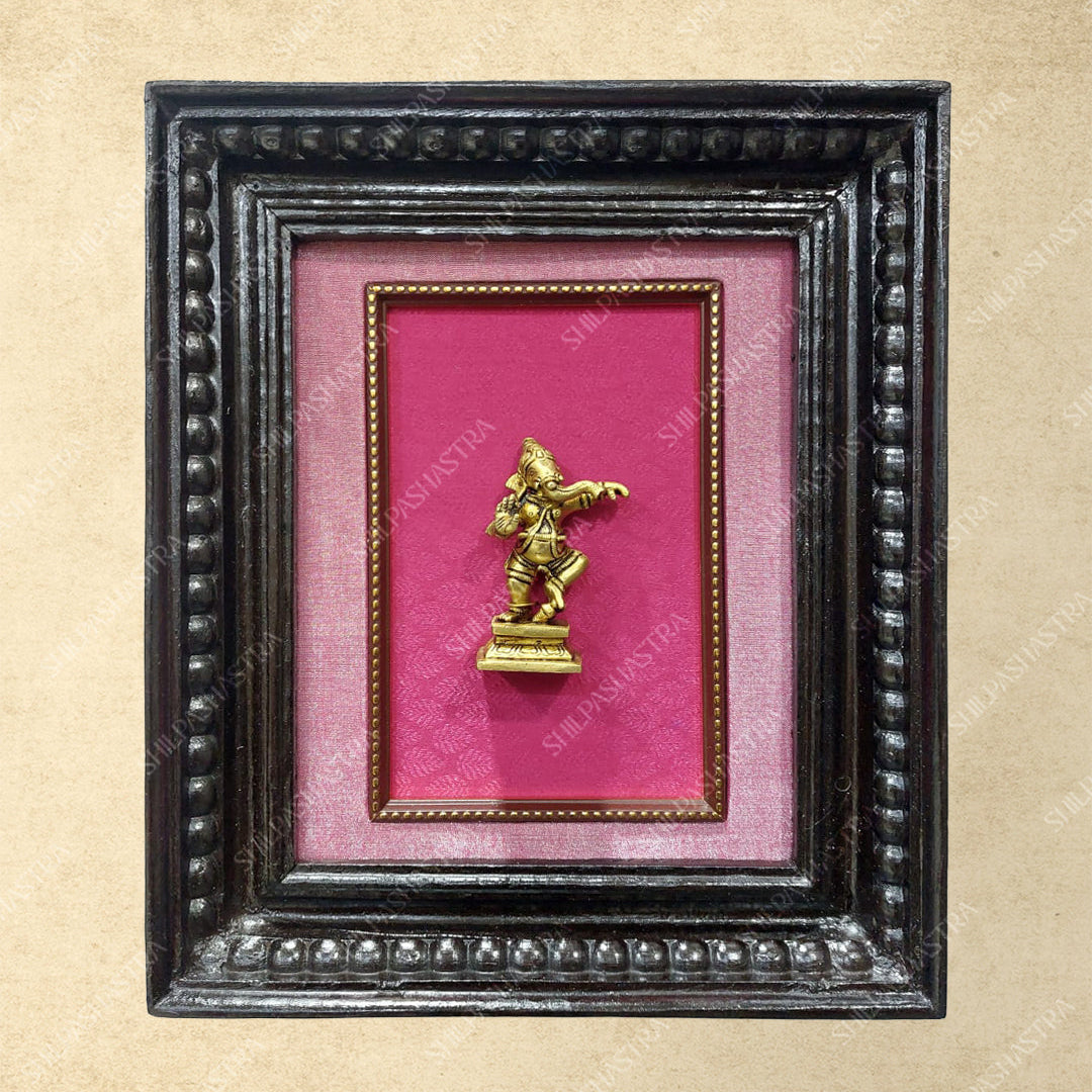 Small Brass Dancing Ganesha in Manipuri Style Teakwood Heritage Frame Wall Decor for Home & Pooja (Size 10 In x 8 In)