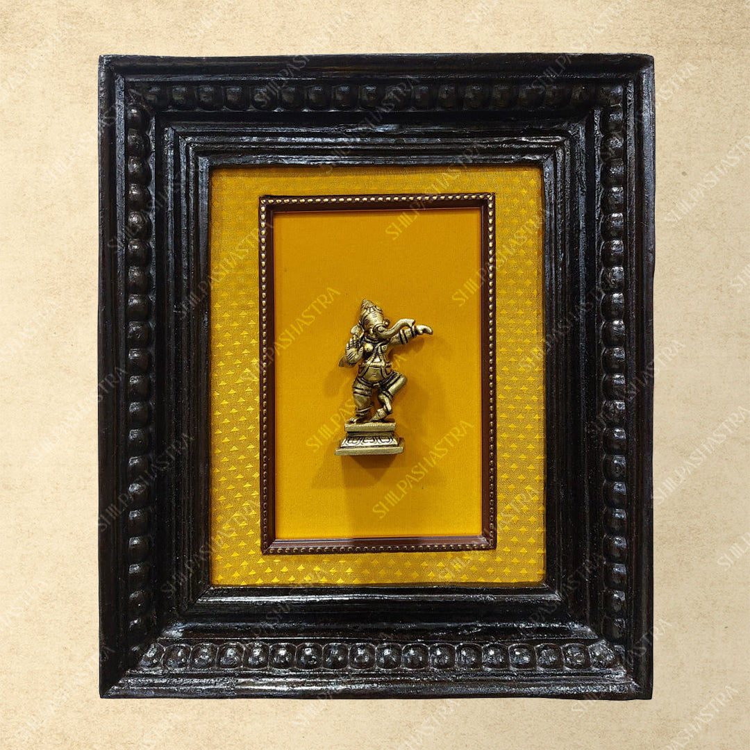 Small Brass Dancing Ganesha in Manipuri Style Teakwood Heritage Frame Wall Decor for Home & Pooja (Size 10 In x 8 In)