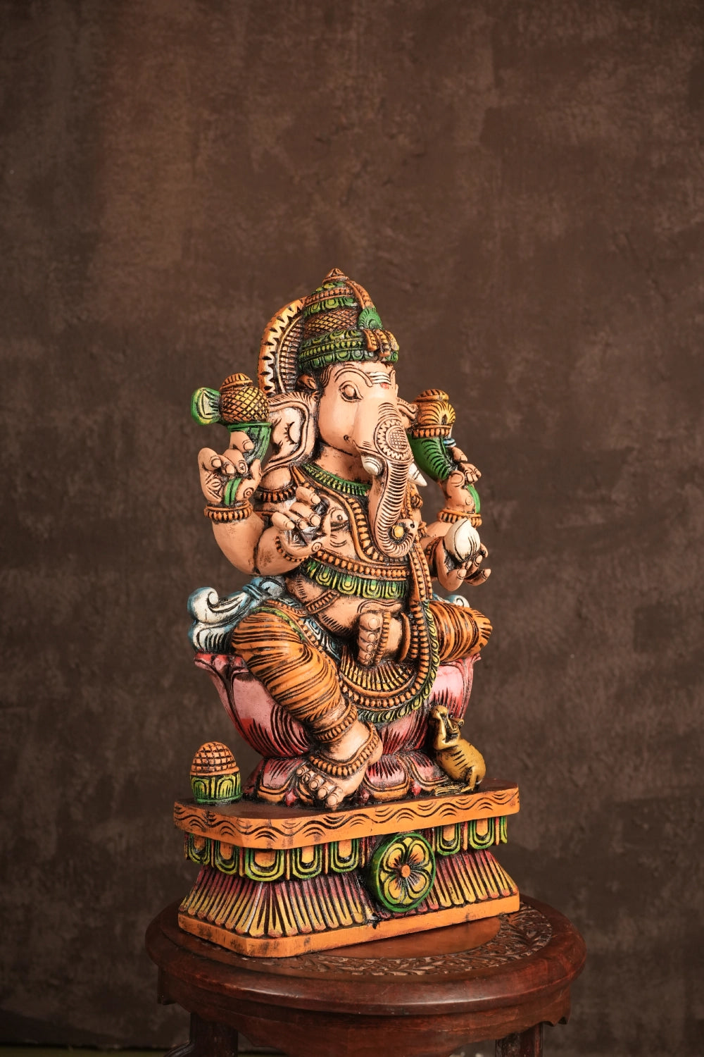 Ganesha on Lotus with Mouse – Hand-Carved Wooden Seated Idol