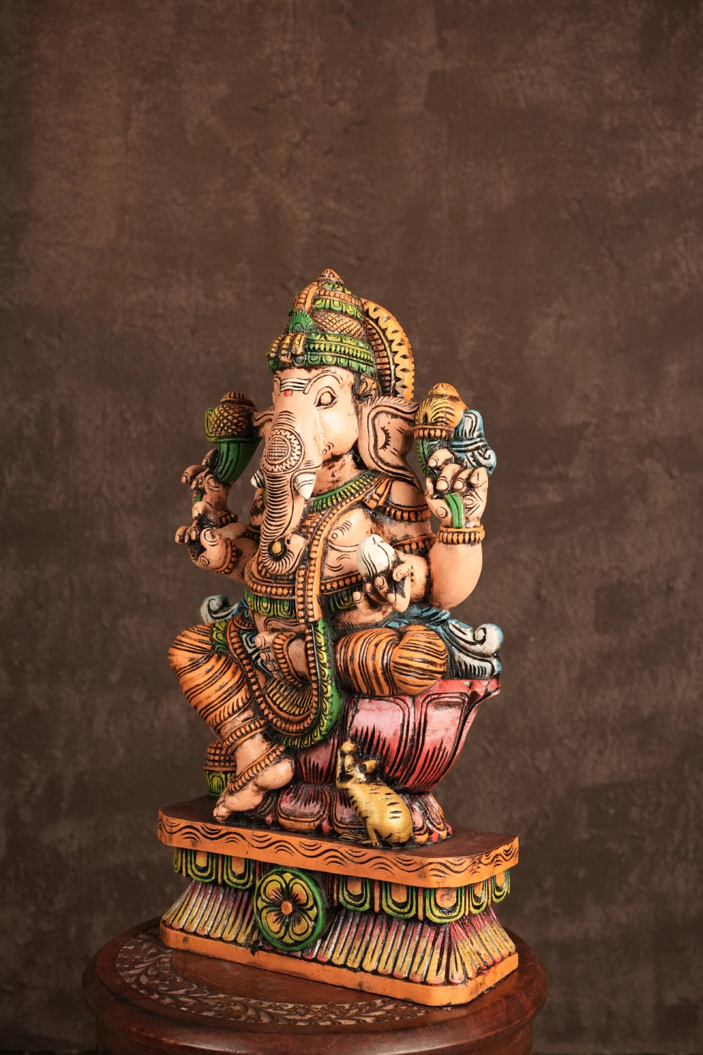 Ganesha on Lotus with Mouse – Hand-Carved Wooden Seated Idol