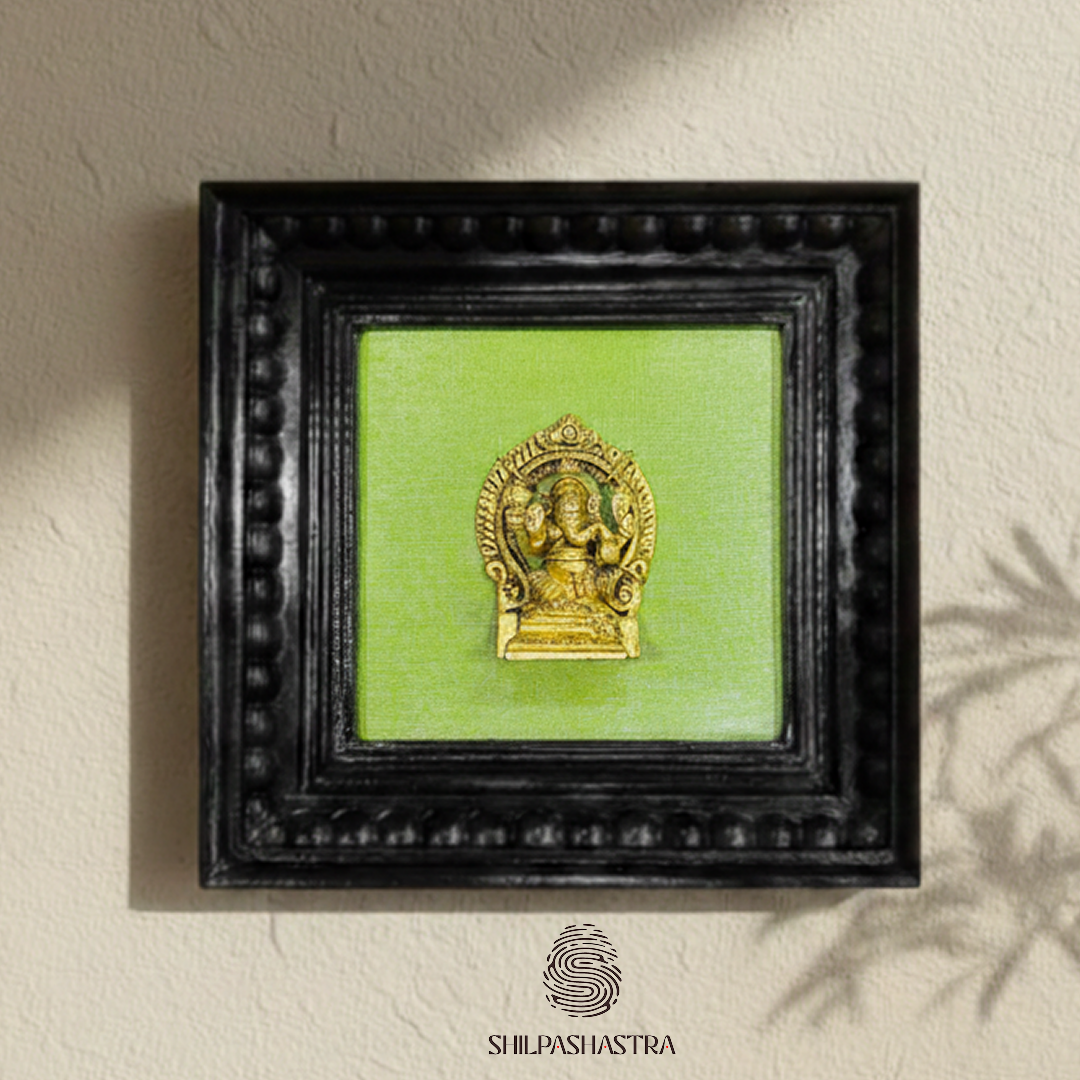 Brass Ganesha Idol in Premium Teakwood Frame Wall Decor for Home & Pooja Room (Size 6 In x 6 In)