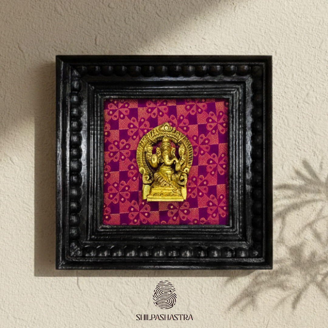 Brass Ganesha Idol in Premium Teakwood Frame Wall Decor for Home & Pooja Room (Size 6 In x 6 In)