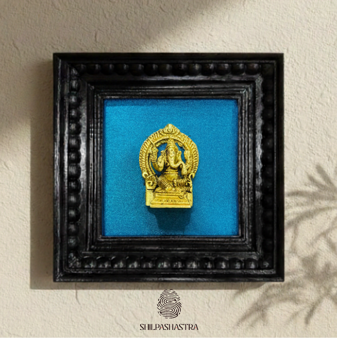 Brass Ganesha Idol in Premium Teakwood Frame Wall Decor for Home & Pooja Room (Size 6 In x 6 In)
