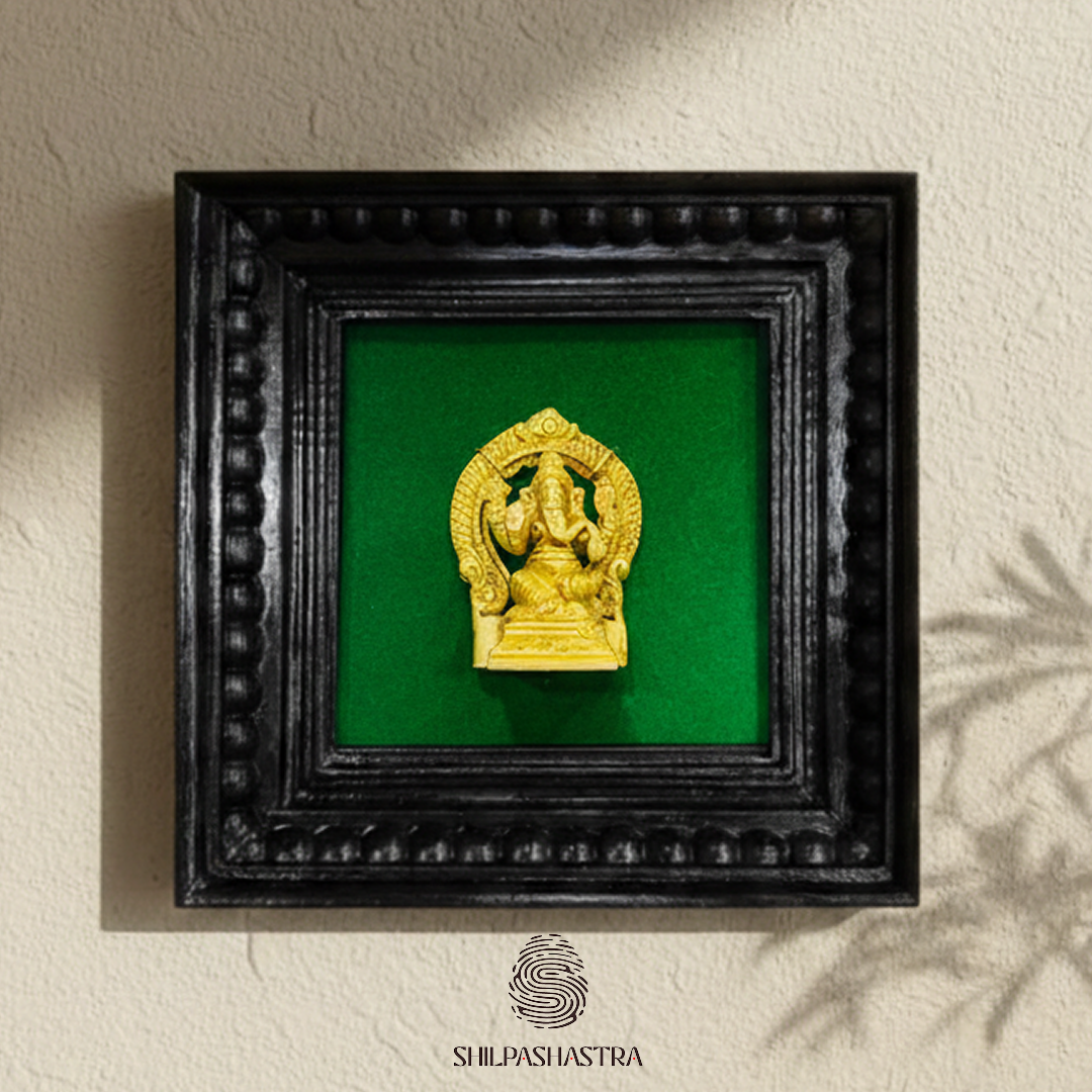 Brass Ganesha Idol in Premium Teakwood Frame Wall Decor for Home & Pooja Room (Size 6 In x 6 In)