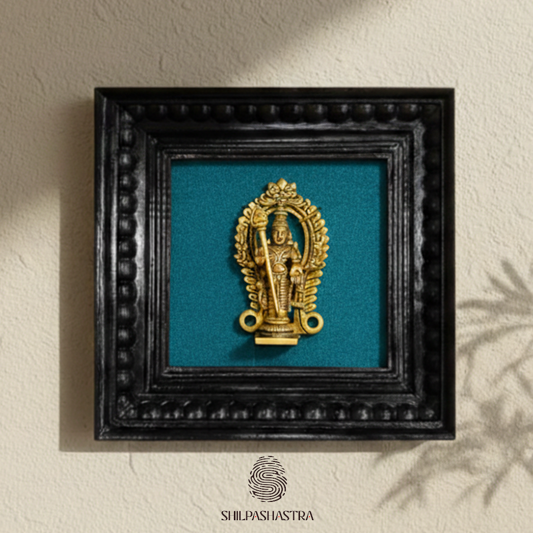 Brass Vel Murugan Idol in Premium Teakwood Frame Wall Decor for Home & Pooja Room (Size 6 In x 6 In)
