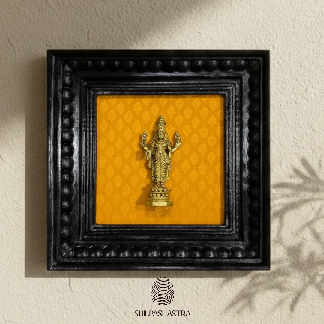 Brass Perumal (Vishnu) Idol in Premium Teakwood Frame Wall Decor for Home & Pooja Room (Size 6 In x 6 In)