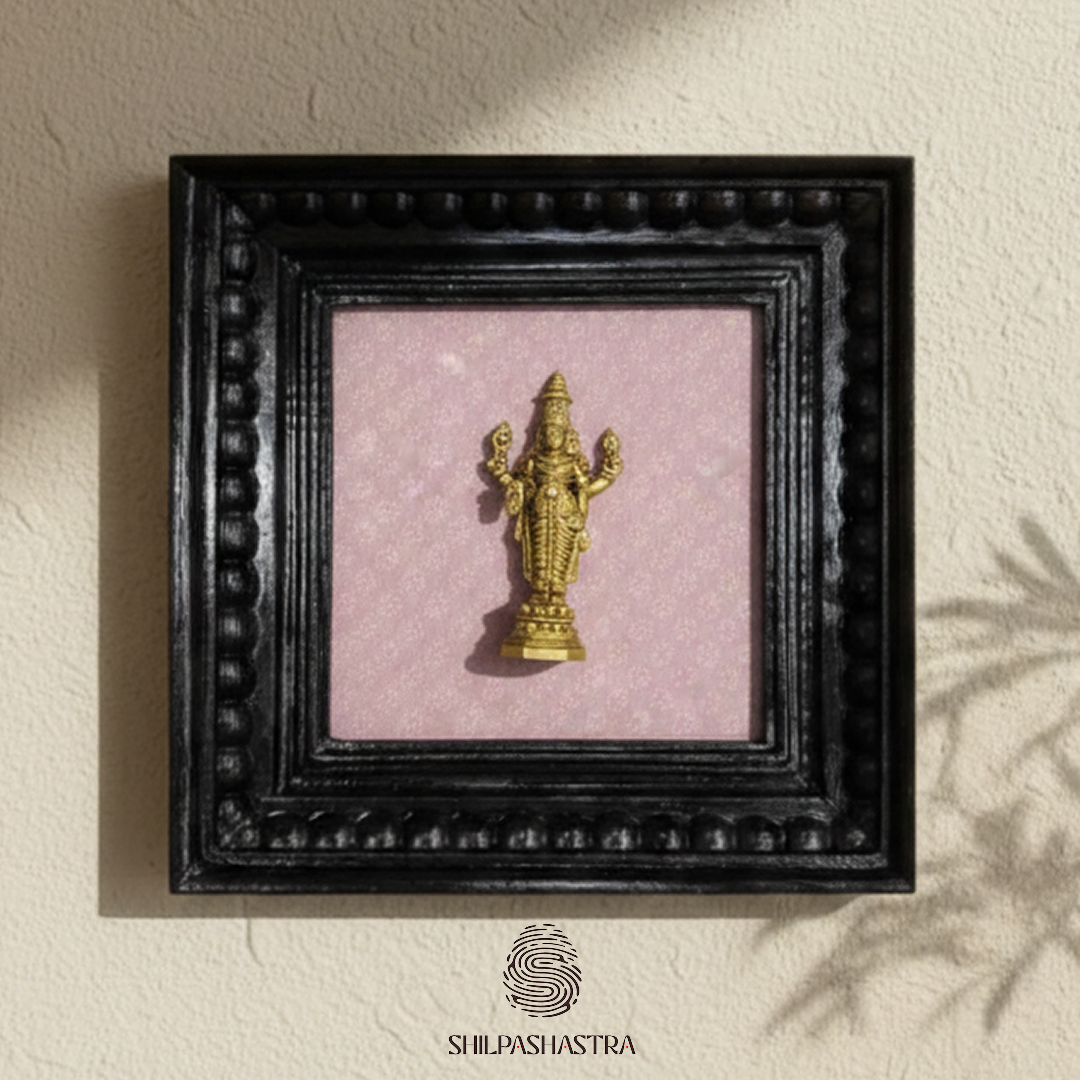 Brass Perumal (Vishnu) Idol in Premium Teakwood Frame Wall Decor for Home & Pooja Room (Size 6 In x 6 In)