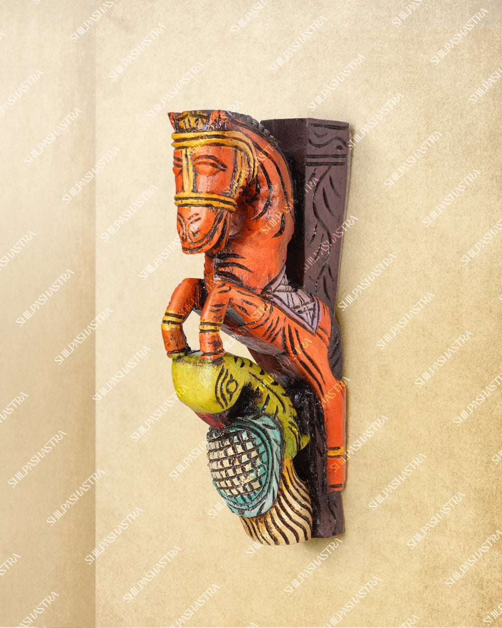 Orange Hand Carved Wooden Horse & Parrot Wall Brackets for Doorway & Home Decor