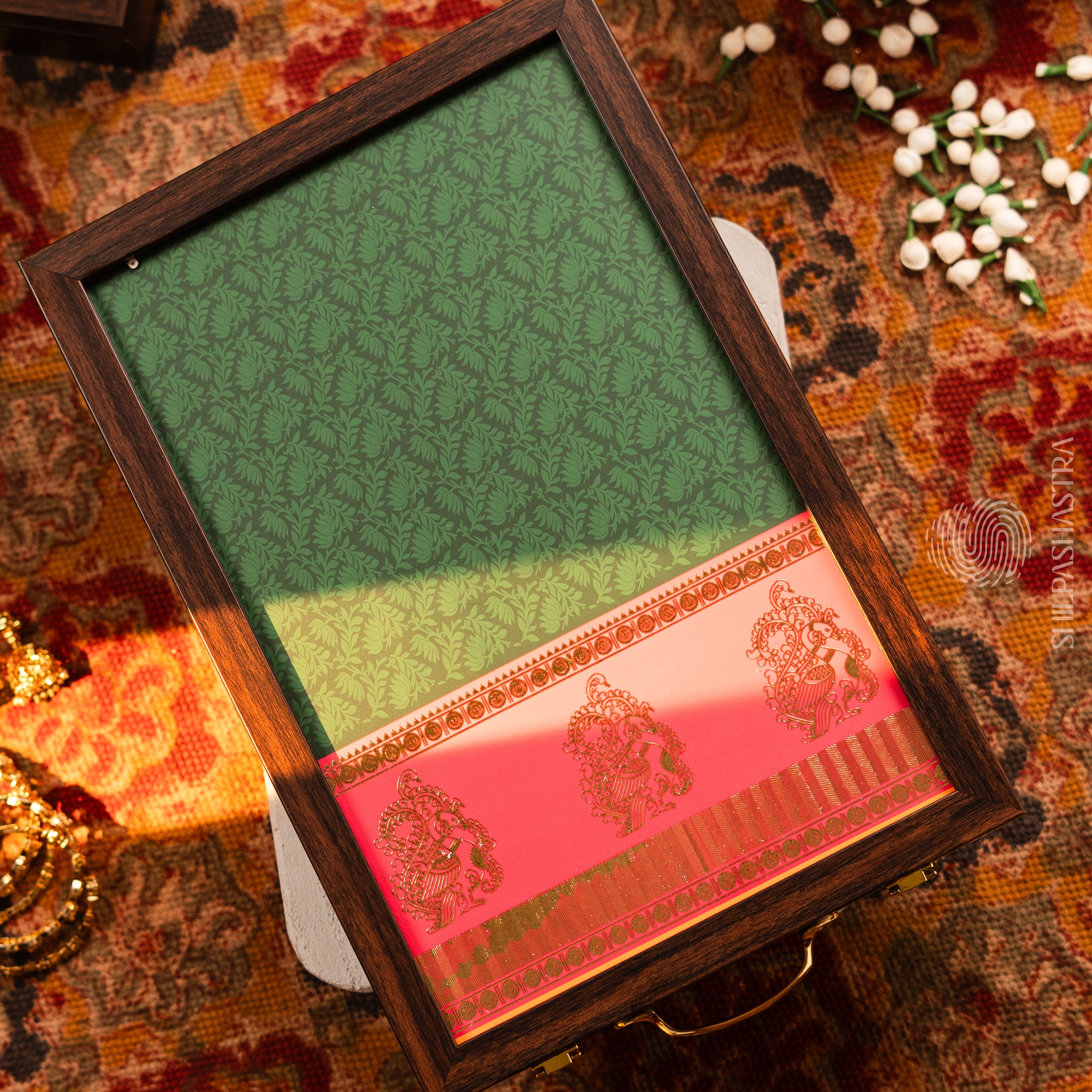 Saree Box - Green with Pink Border