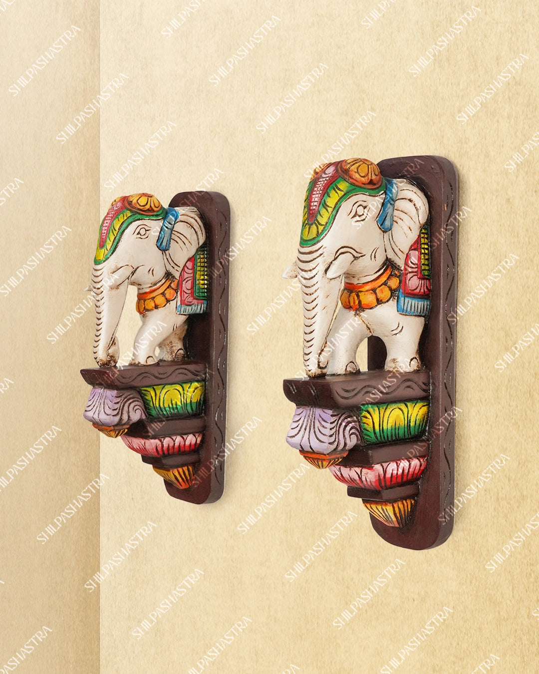 Medium Hand Carved Wooden Elephant Wall Brackets in Teak Wood for Doorway & Home Decor
