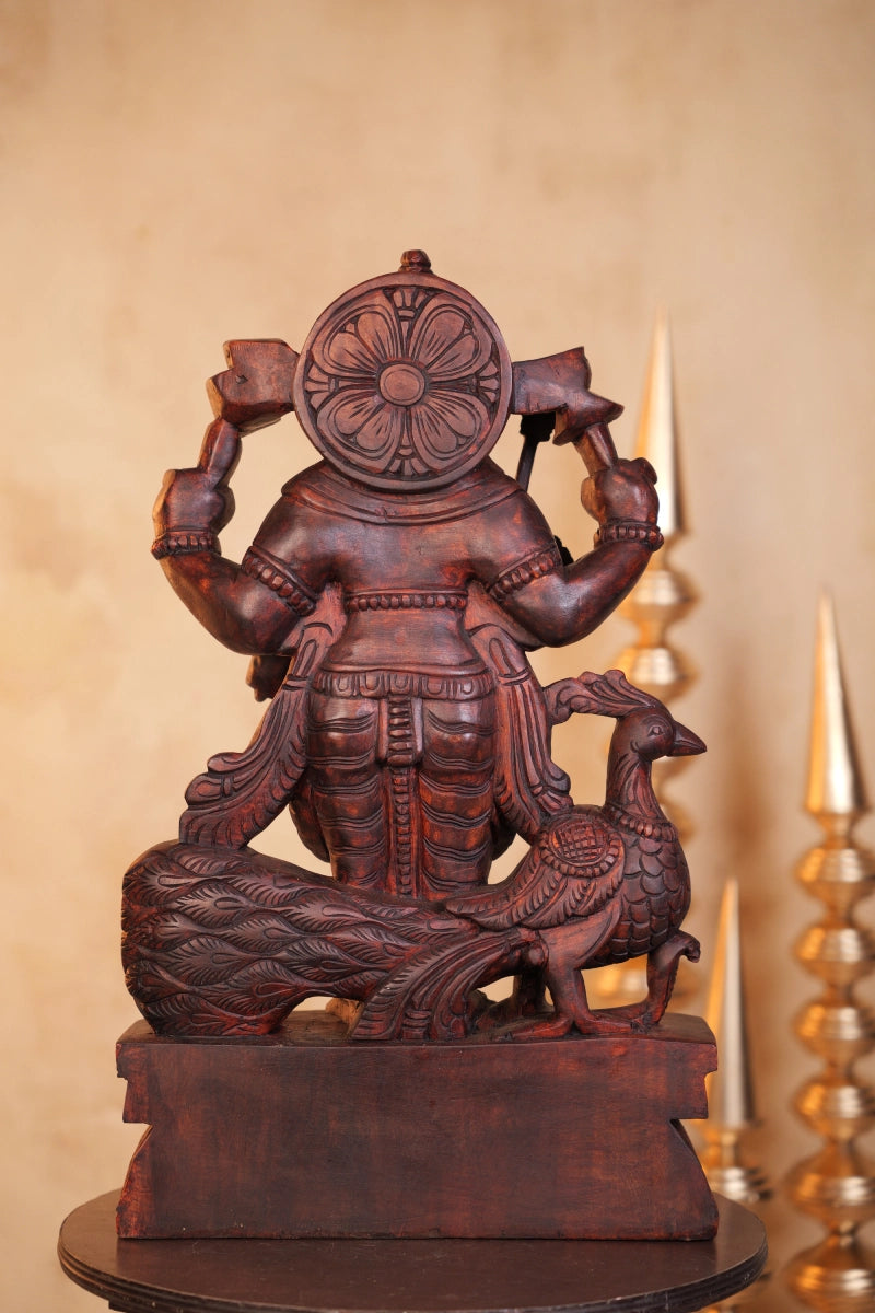 Handcrafted Wooden Lord Murugan Idol with Peacock