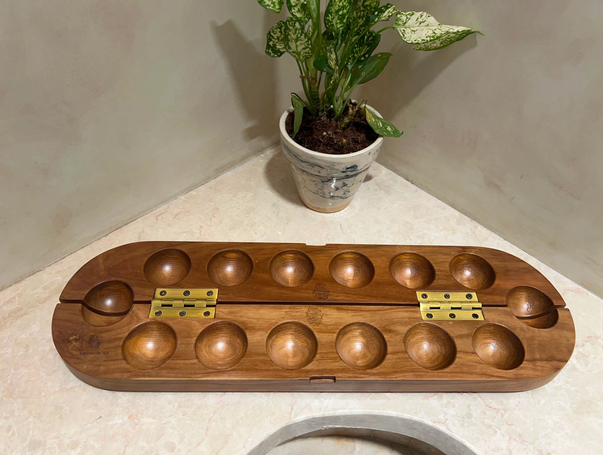 Handcrafted Teakwood Pallanguzhi Board – Custom Laser-Engraved Traditional Indian Mancala Game